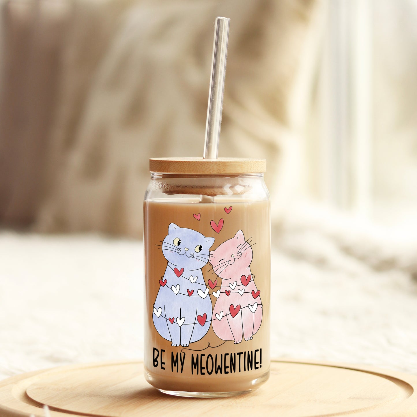 Be My Meowtine Cat Valentine 16oz Libbey Glass Can UV DTF or Sublimation Cup Wrap - Decal Transfer Weefers