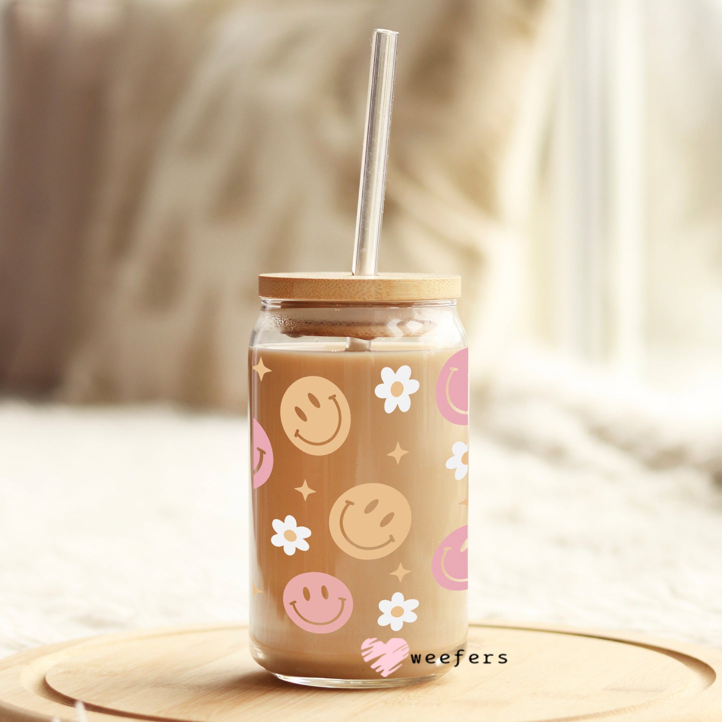 Retro Smile Face Daisies 16oz Libbey Glass Can UV DTF or Sublimation Wrap - Decal Weefers