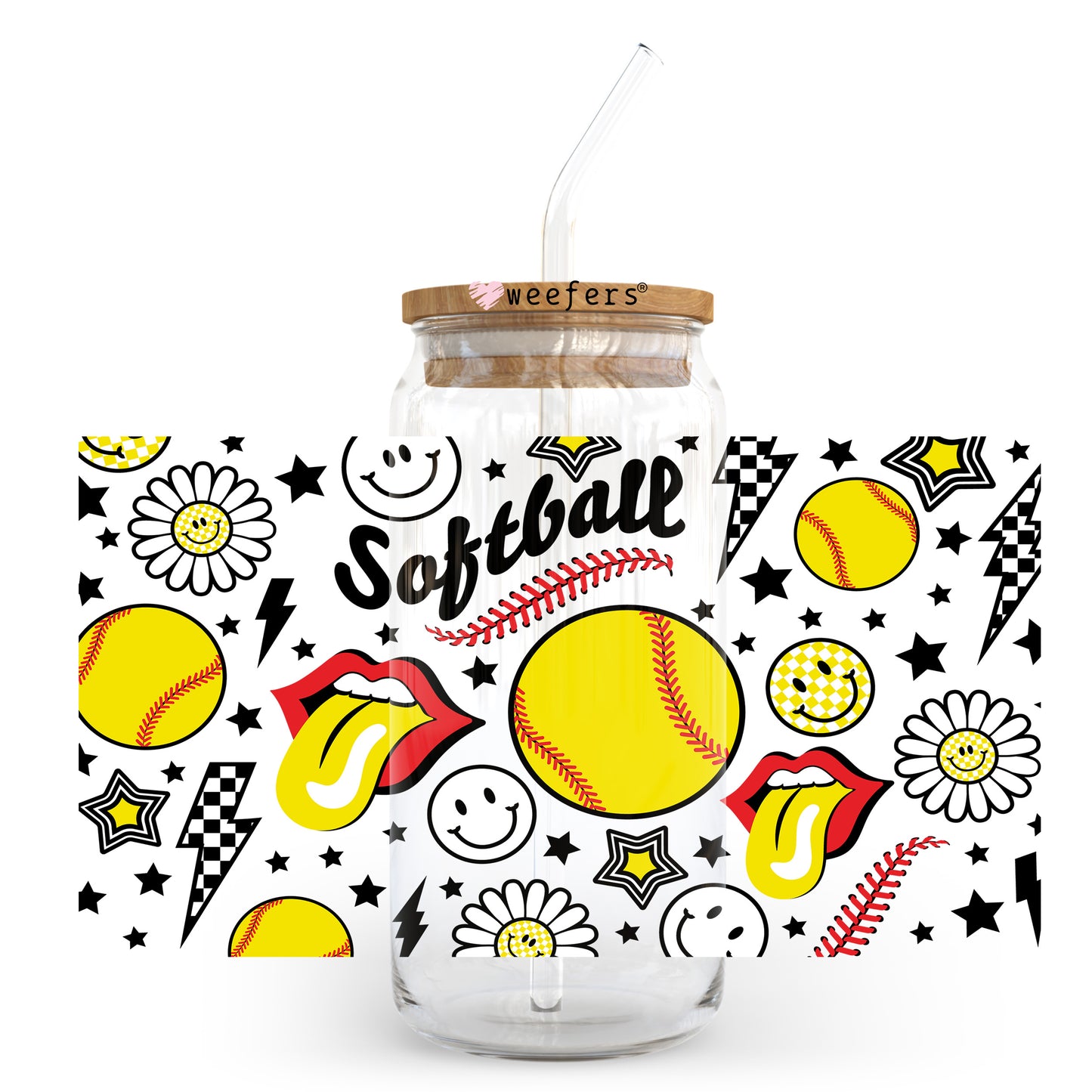 Softball Lightening Bolt 20oz Libbey Glass Can UV DTF or Sublimation Wrap - Decal Transfer Weefers