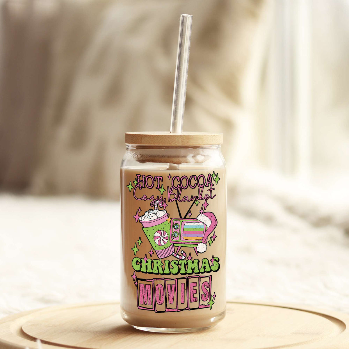 Hot Cocoa and Christmas Movies 16oz Libbey Glass Can UV DTF or Sublimation Cup Wrap - Decal Transfer Weefers
