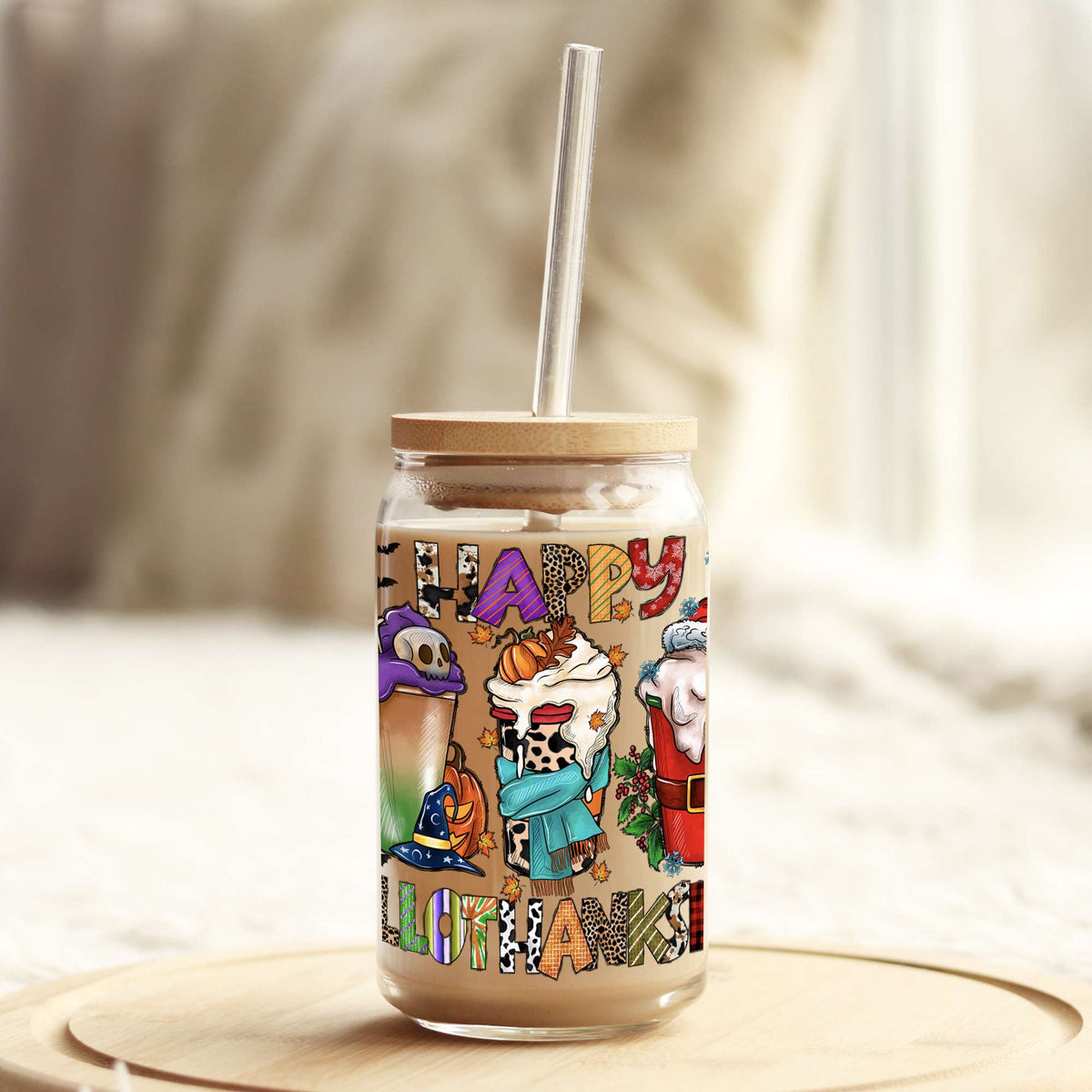 Happy HalloThankMas 16oz Libbey Glass Can UV DTF or Sublimation Wrap - Decal Weefers
