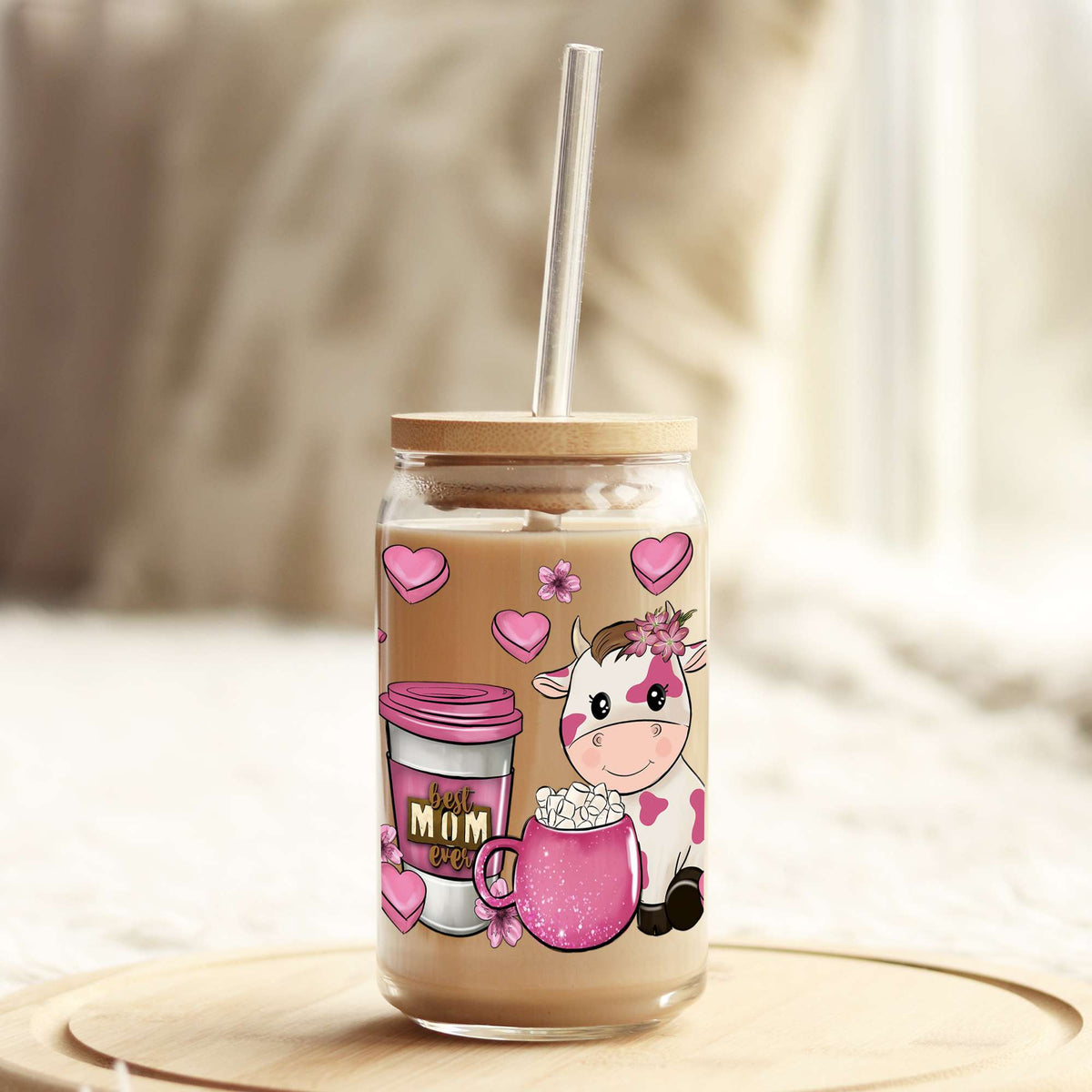 Pink Mom Cutie Cow Latte 16oz Libbey Glass Can UV DTF or Sublimation Wrap - Decal Weefers