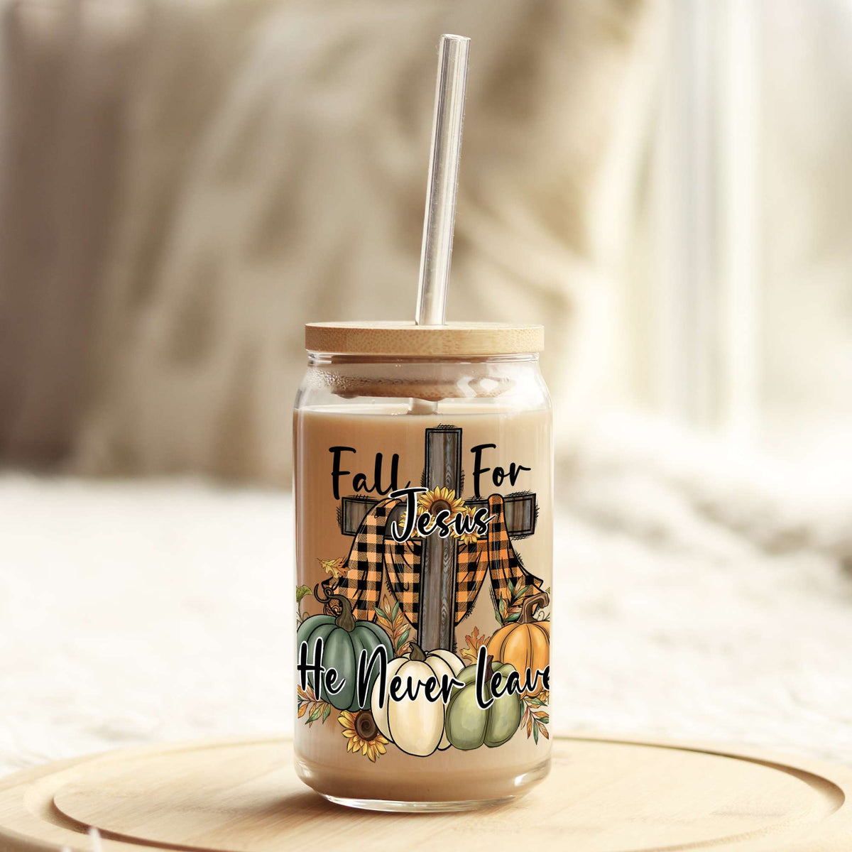 Fall For Jesus He Never Leaves 16oz Libbey Glass Can UV DTF or Sublimation Wrap - Decal Weefers