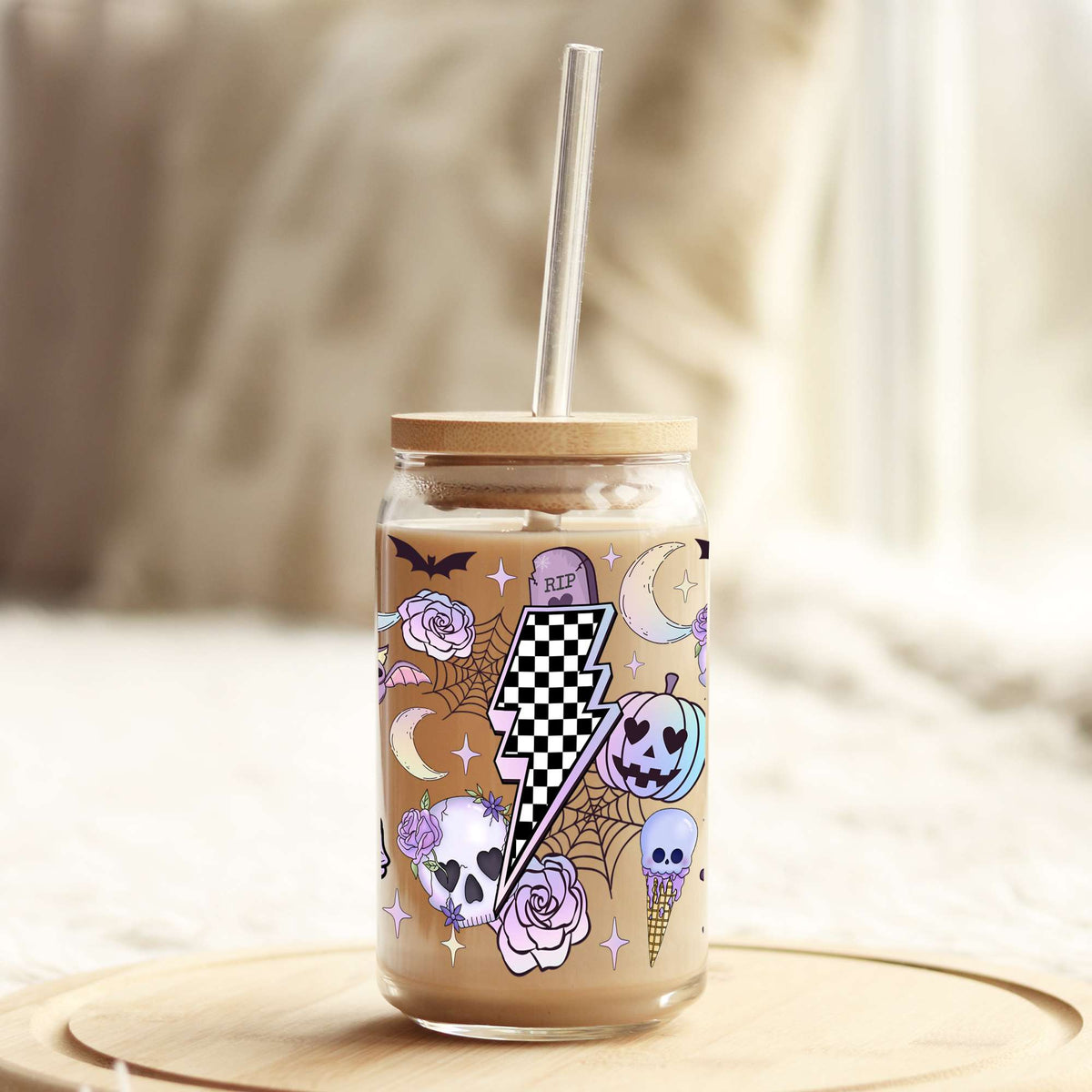 Purple pumpkins and Skeltons Halloween 16oz Libbey Glass Can UV DTF or Sublimation Wrap - Decal Weefers