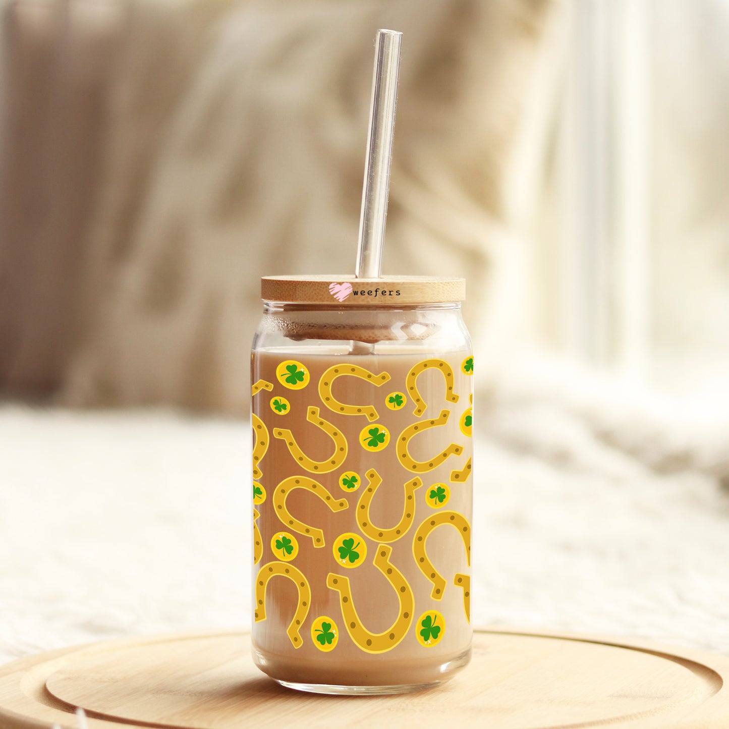 Lucky Horseshoe St. Patrick's Day Print 16oz Libbey Glass Can UV DTF or Sublimation Cup Wrap - Decal Transfer Weefers
