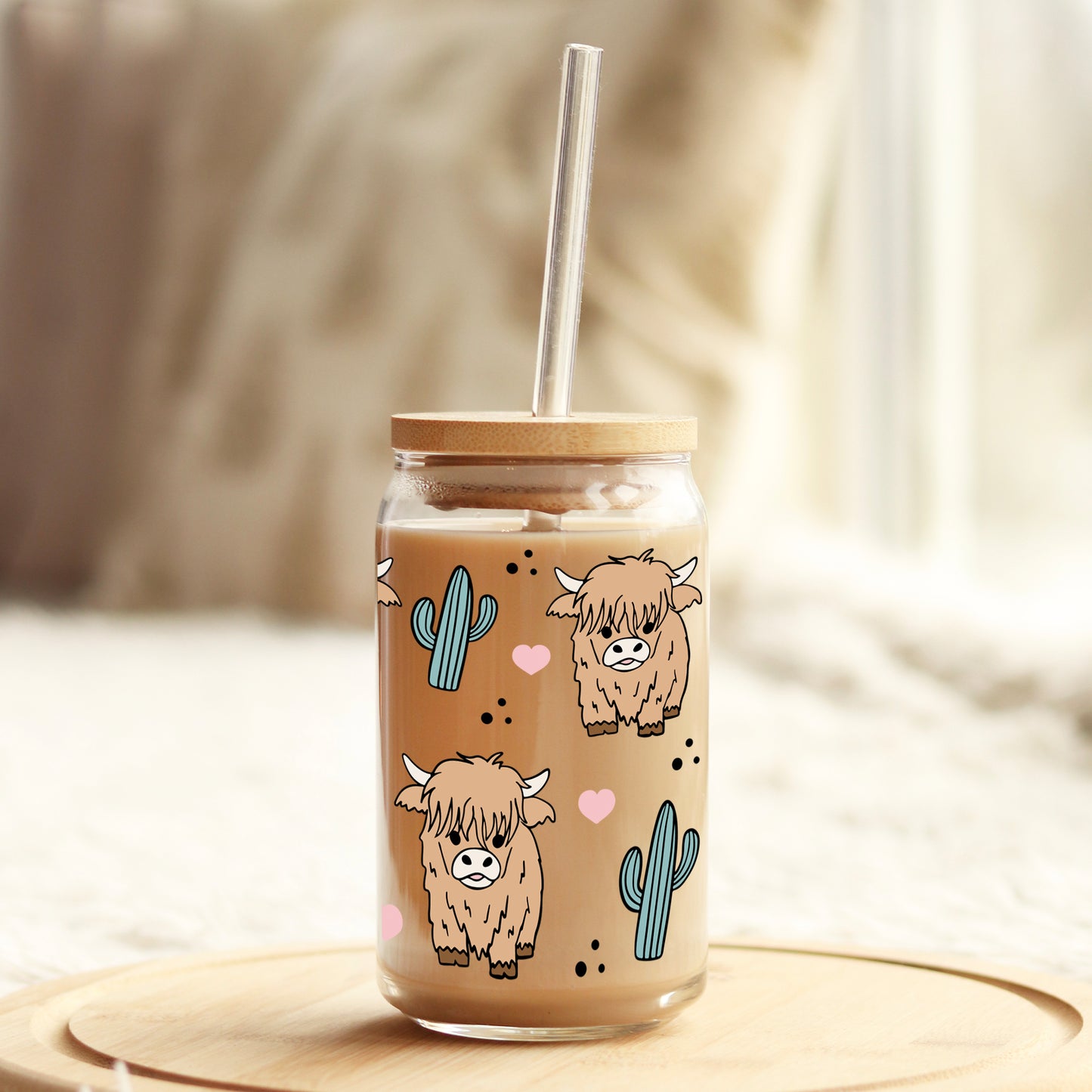 Highlander Cows Cactus 16oz Libbey Glass Can UV DTF or Sublimation Cup Wrap - Decal Transfer Weefers