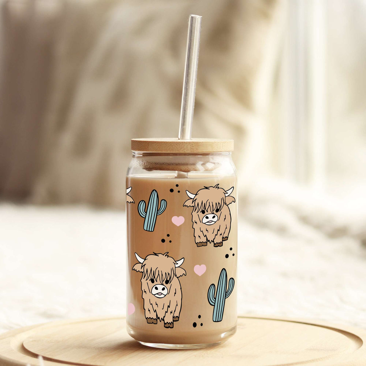 Highlander Cows Cactus 16oz Libbey Glass Can UV DTF or Sublimation Cup Wrap - Decal Transfer Weefers