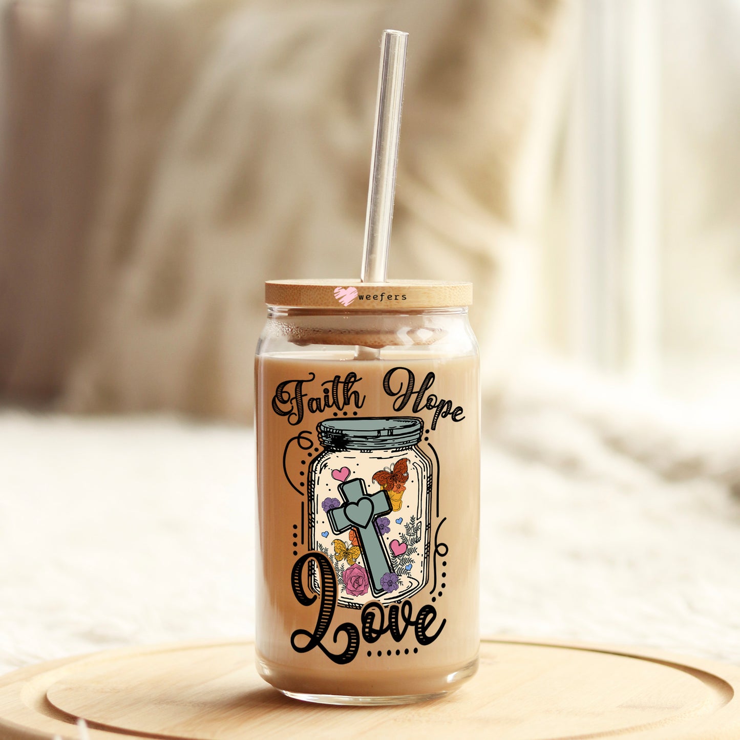 Faith Hope Love 16oz Libbey Glass Can UV DTF or Sublimation Cup Wrap - Decal Transfers Weefers