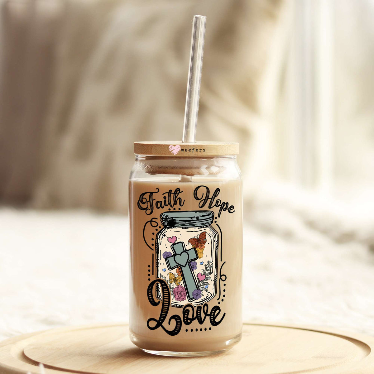 Faith Hope Love 16oz Libbey Glass Can UV DTF or Sublimation Cup Wrap - Decal Transfers Weefers