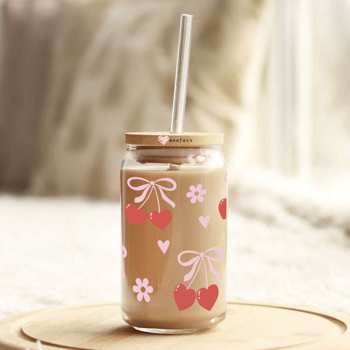 Coquette Ribbons and Cherries 16oz Libbey Glass Can UV DTF or Sublimation Cup Wrap - Decal Transfer Weefers
