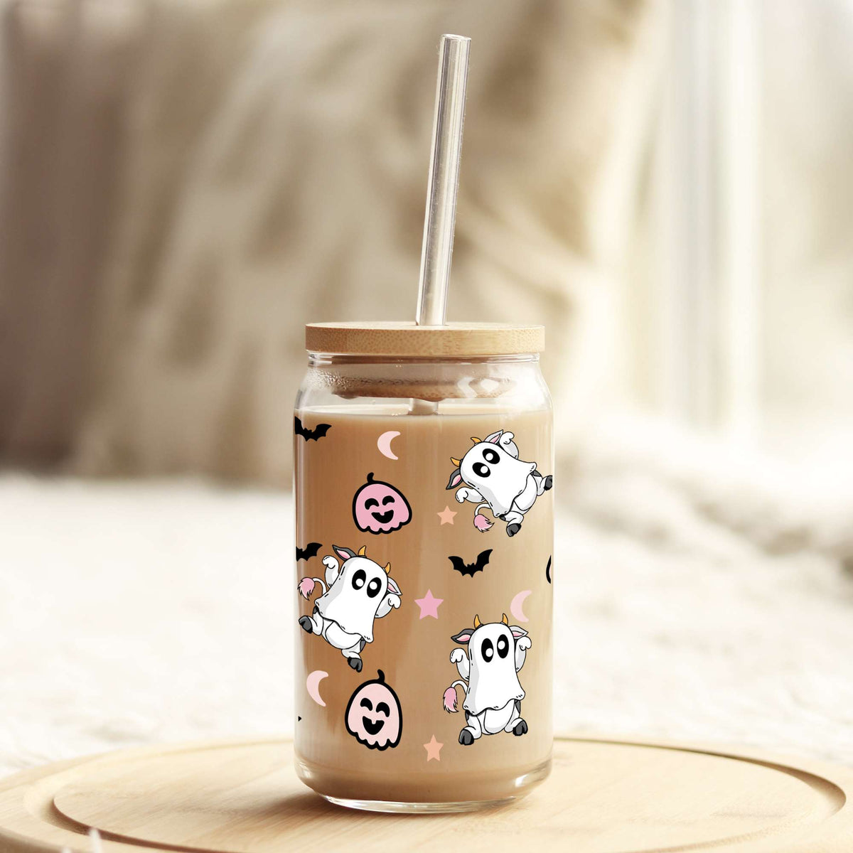 Cute Cow Ghosts Halloween 16oz Libbey Glass Can UV DTF or Sublimation Wrap - Decal Weefers