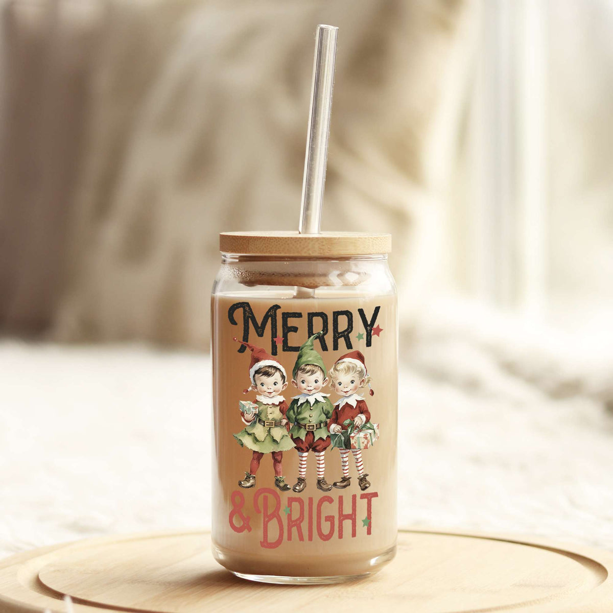 Merry and Bright Vintage Christmas 16oz Libbey Glass Can UV DTF or Sublimation Wrap - Decal Weefers