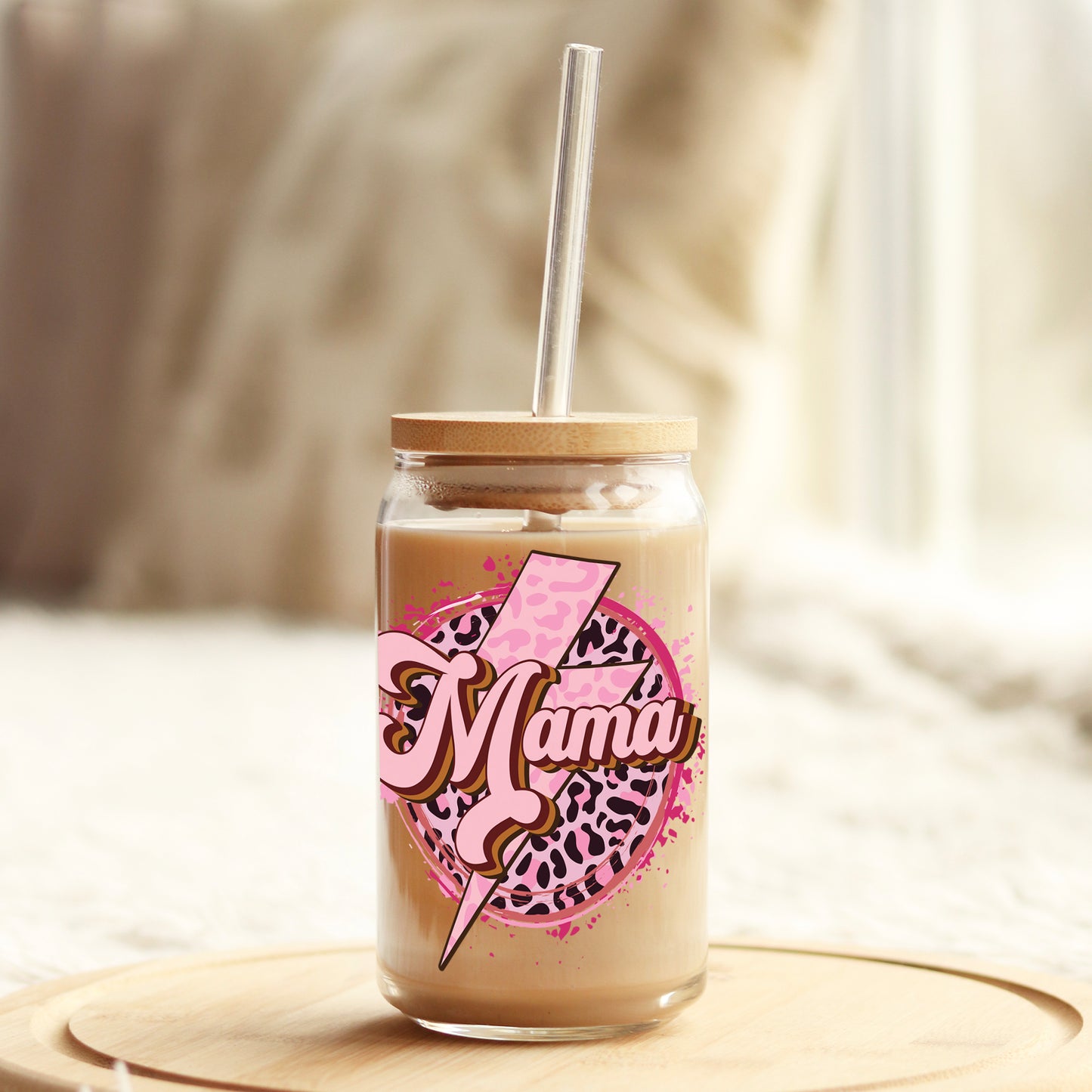 Mama Pink Lightening Bolt 16oz Libbey Glass Can UV DTF or Sublimation Cup Wrap - Decal Transfer Weefers