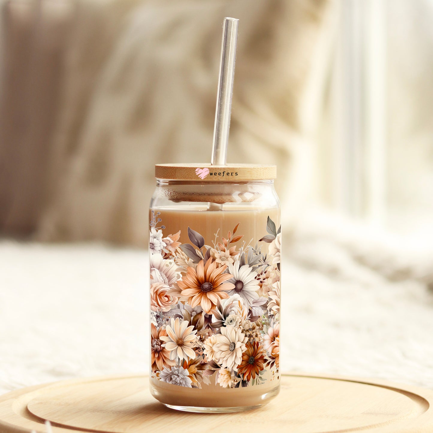 Floral Autumn Flowers 16oz Libbey Glass Can UV DTF or Sublimation Cup Wrap - Decal Transfer Weefers