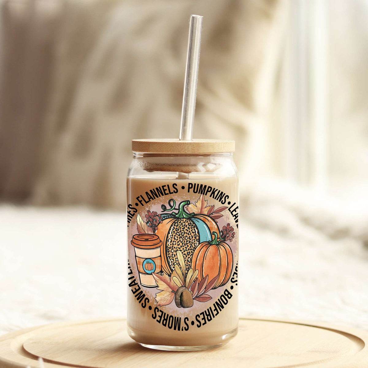 Flannels Pumpkins Leaves Fall 16oz Libbey Glass Can UV DTF or Sublimation Wrap - Decal Weefers