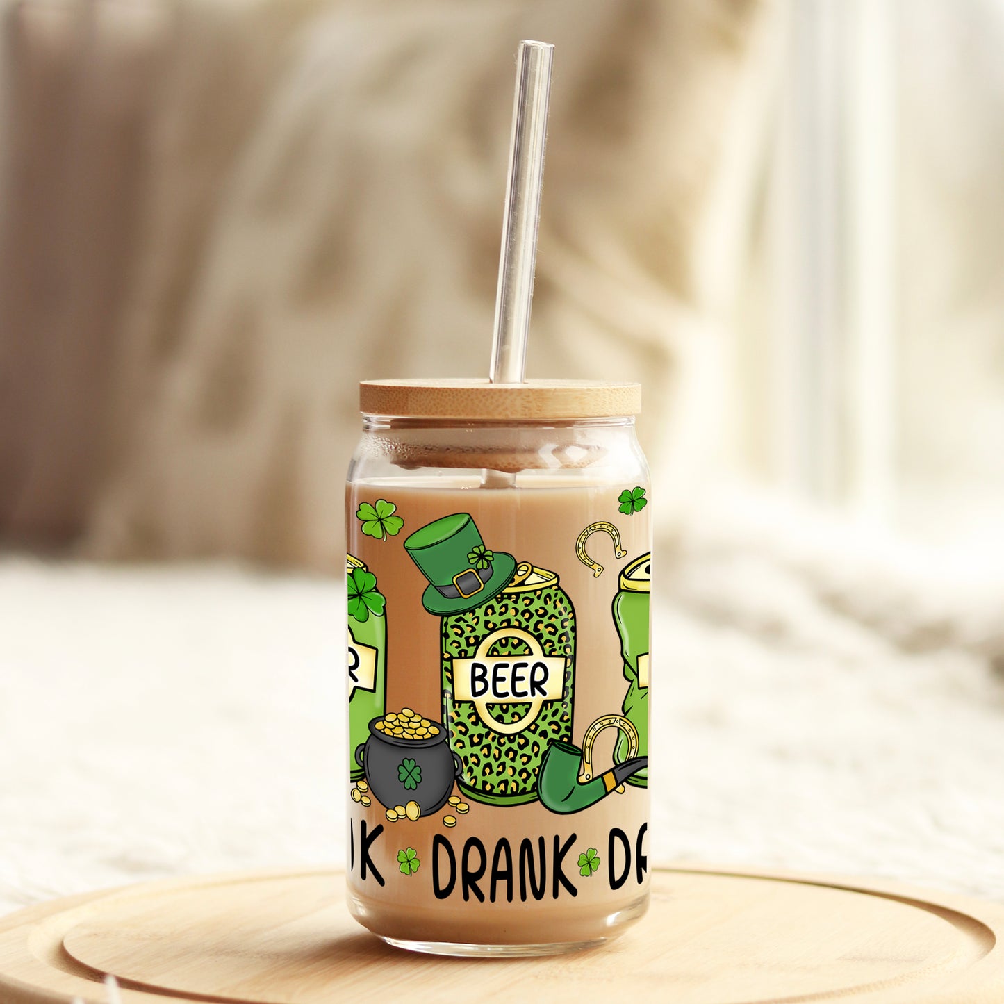 Drink Drank Drunk St Patrick's Day 16oz Libbey Glass Can UV DTF or Sublimation Cup Wrap - Decal Transfer Weefers