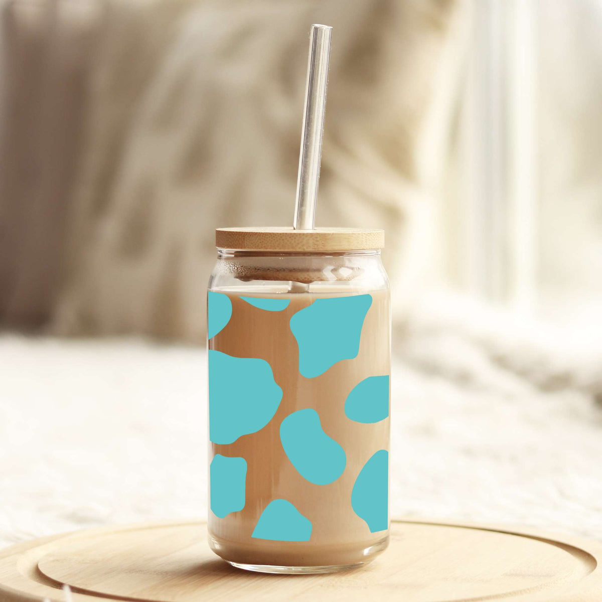 Teal Cow Print 16oz Libbey Glass Can UV DTF or Sublimation Wrap - Decal Weefers