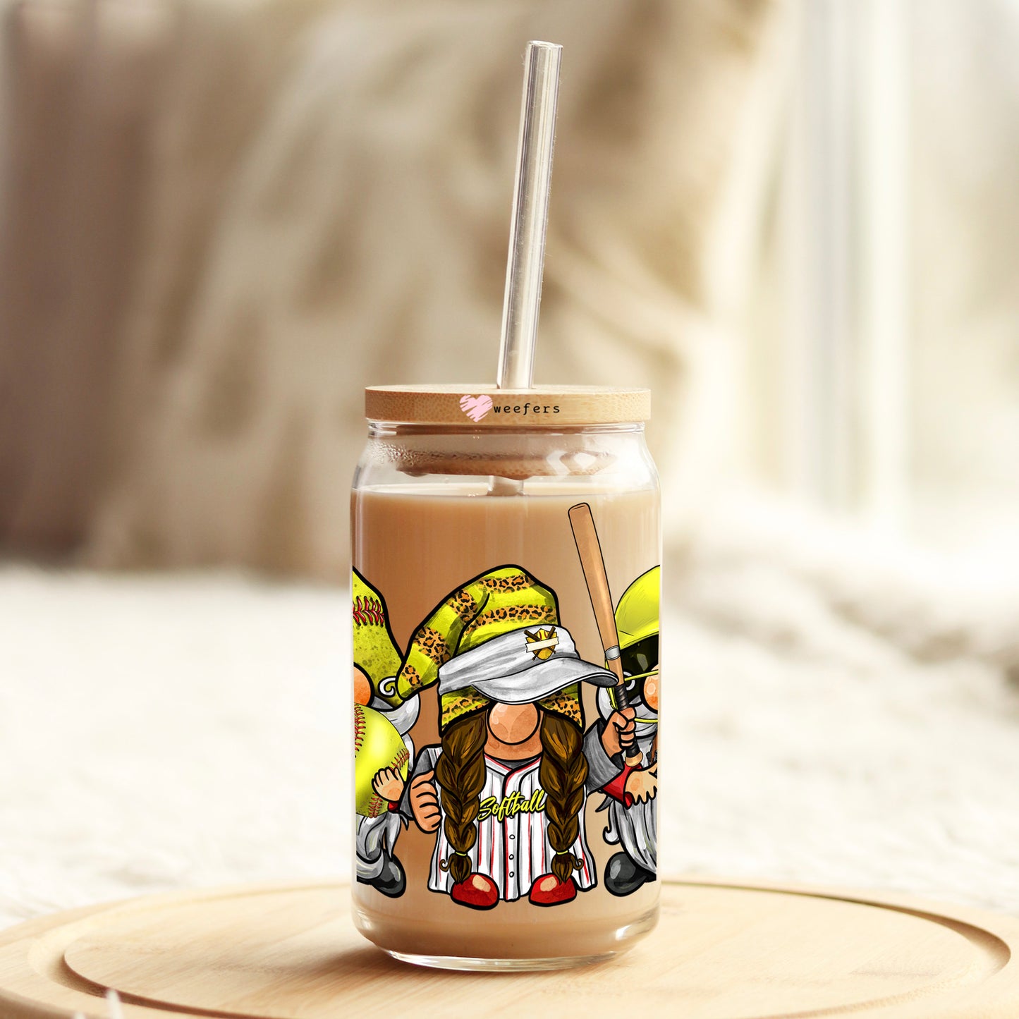 Softball Gnomes 16oz Libbey Glass Can UV DTF or Sublimation Cup Wrap - Decal Transfer Weefers