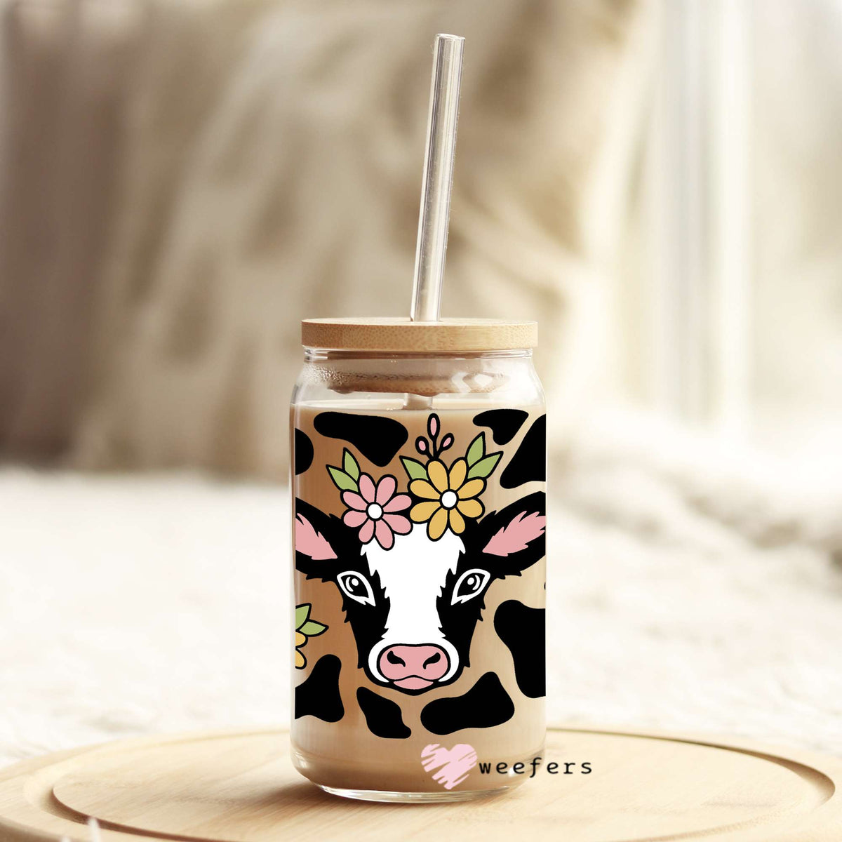 Floral Cow Print Patches 16oz Libbey Glass Can UV DTF or Sublimation Wrap - Decal Weefers