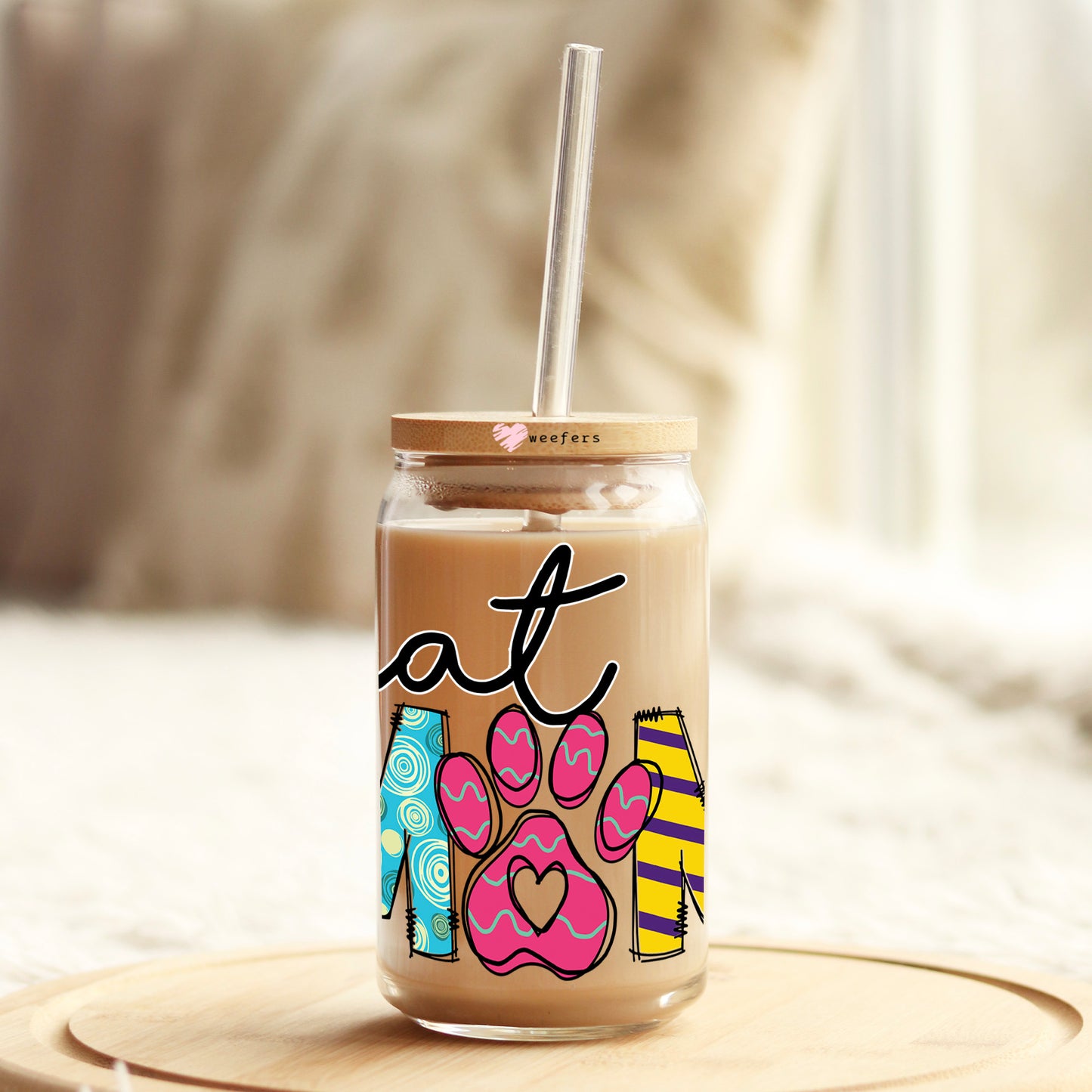 Cat Mom 16oz Libbey Glass Can UV DTF or Sublimation Cup Wrap - Decal Transfer Weefers