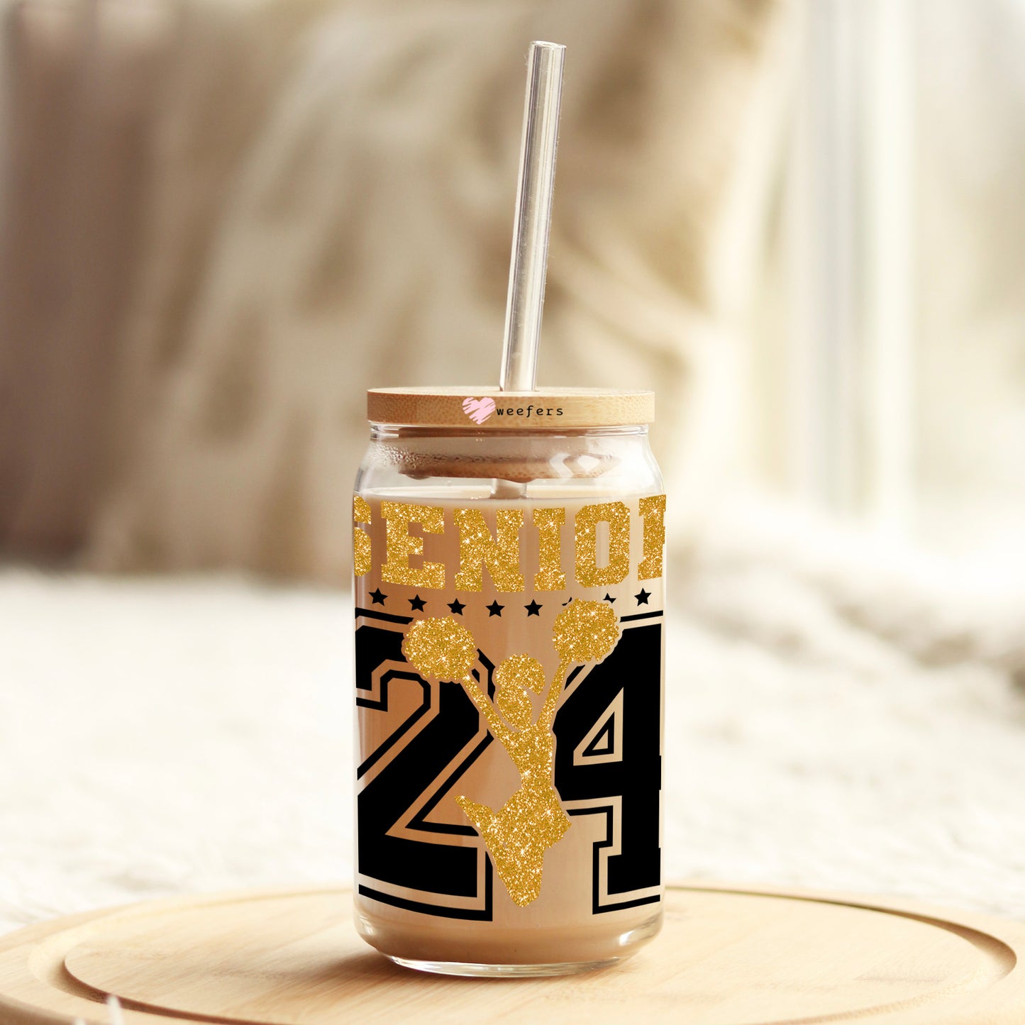 Senior 24 Cheer Gold and Black 16oz Libbey Glass Can UV DTF or Sublimation Cup Wrap - Decal Weefers
