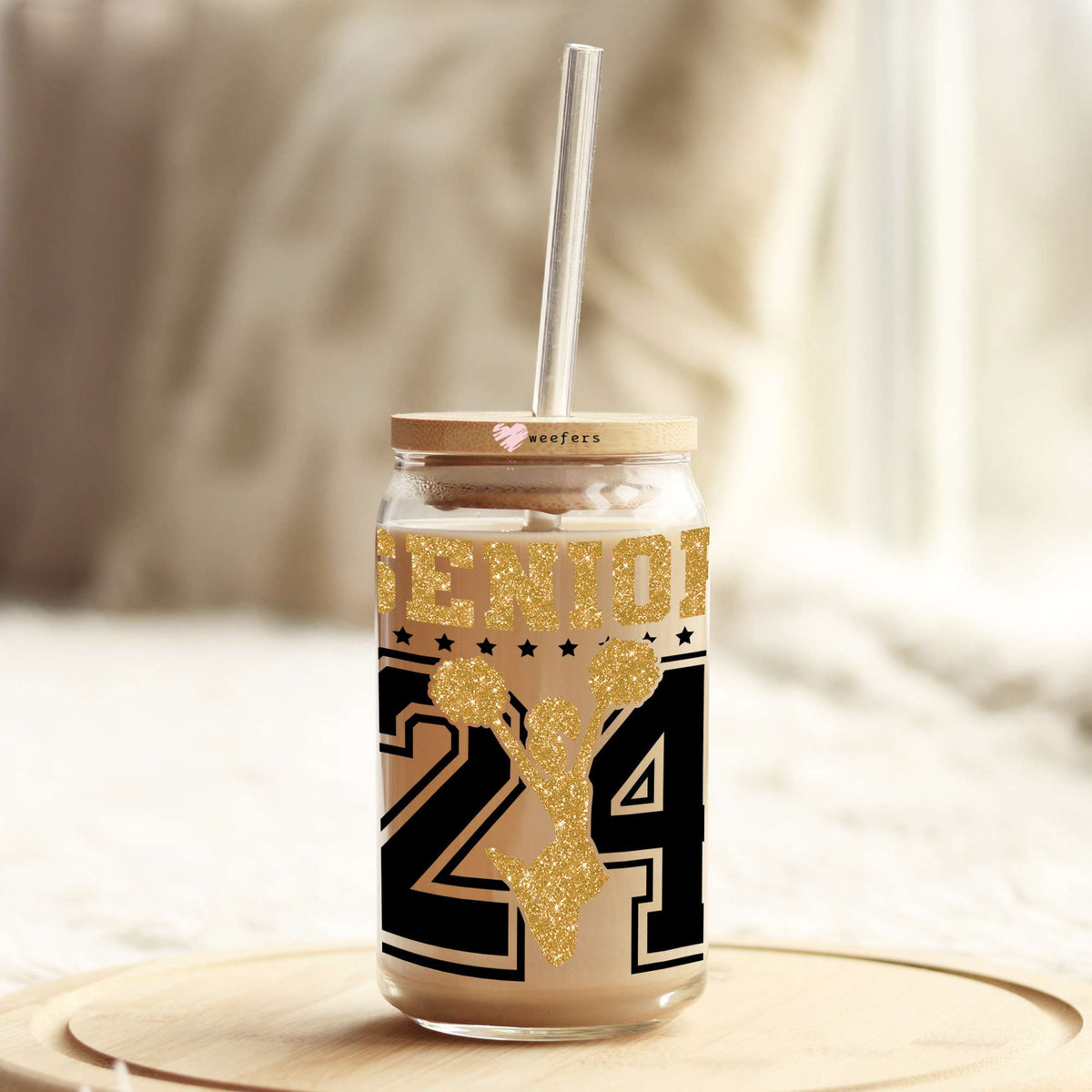 Senior 24 Cheer Gold and Black 16oz Libbey Glass Can UV DTF or Sublimation Cup Wrap - Decal Weefers