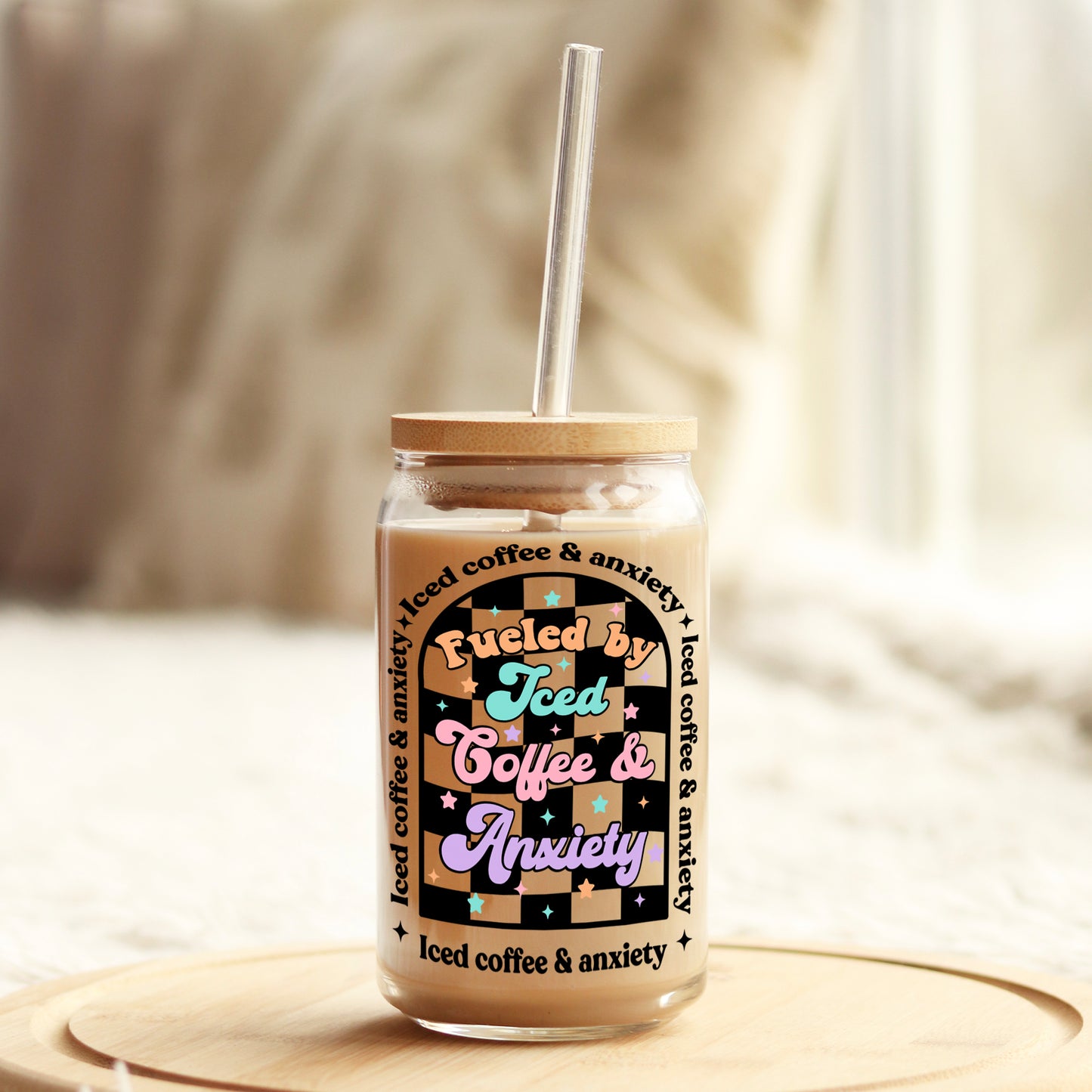 Fueled by Iced Coffee and Anxiety 16oz Libbey Glass Can UV DTF or Sublimation Wrap - Decal Weefers