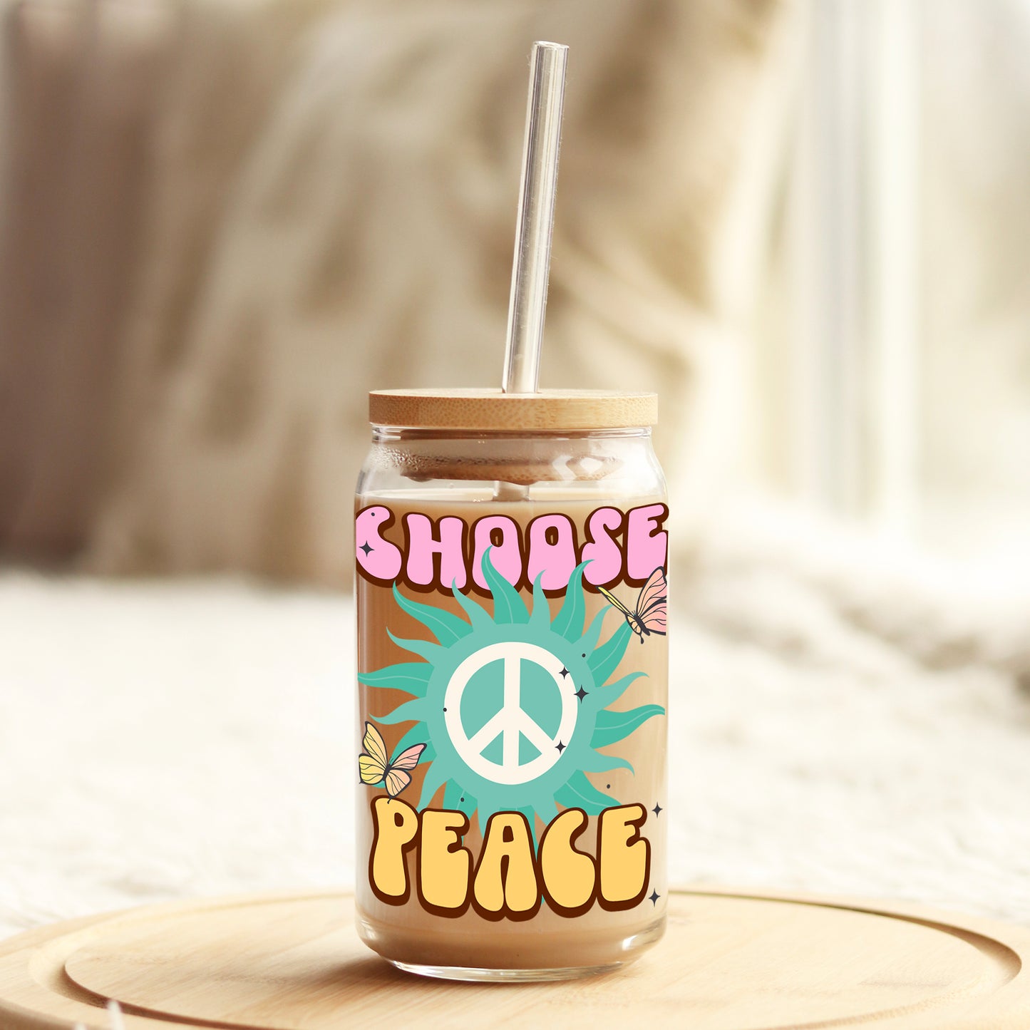Choose Peace 16oz Libbey Glass Can UV DTF or Sublimation Cup Wrap - Decal Transfer Weefers