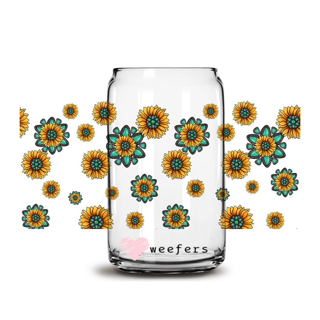Turquoise Sunflowers Libbey Glass Can UV-DTF or Sublimation Wrap - Decal