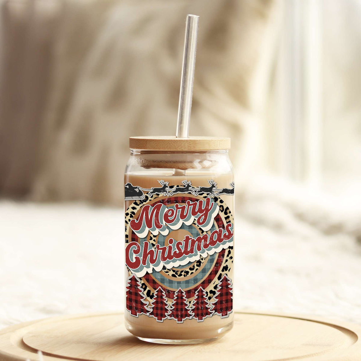 Vintage Merry Christmas 16oz Libbey Glass Can UV DTF or Sublimation Wrap - Decal Weefers
