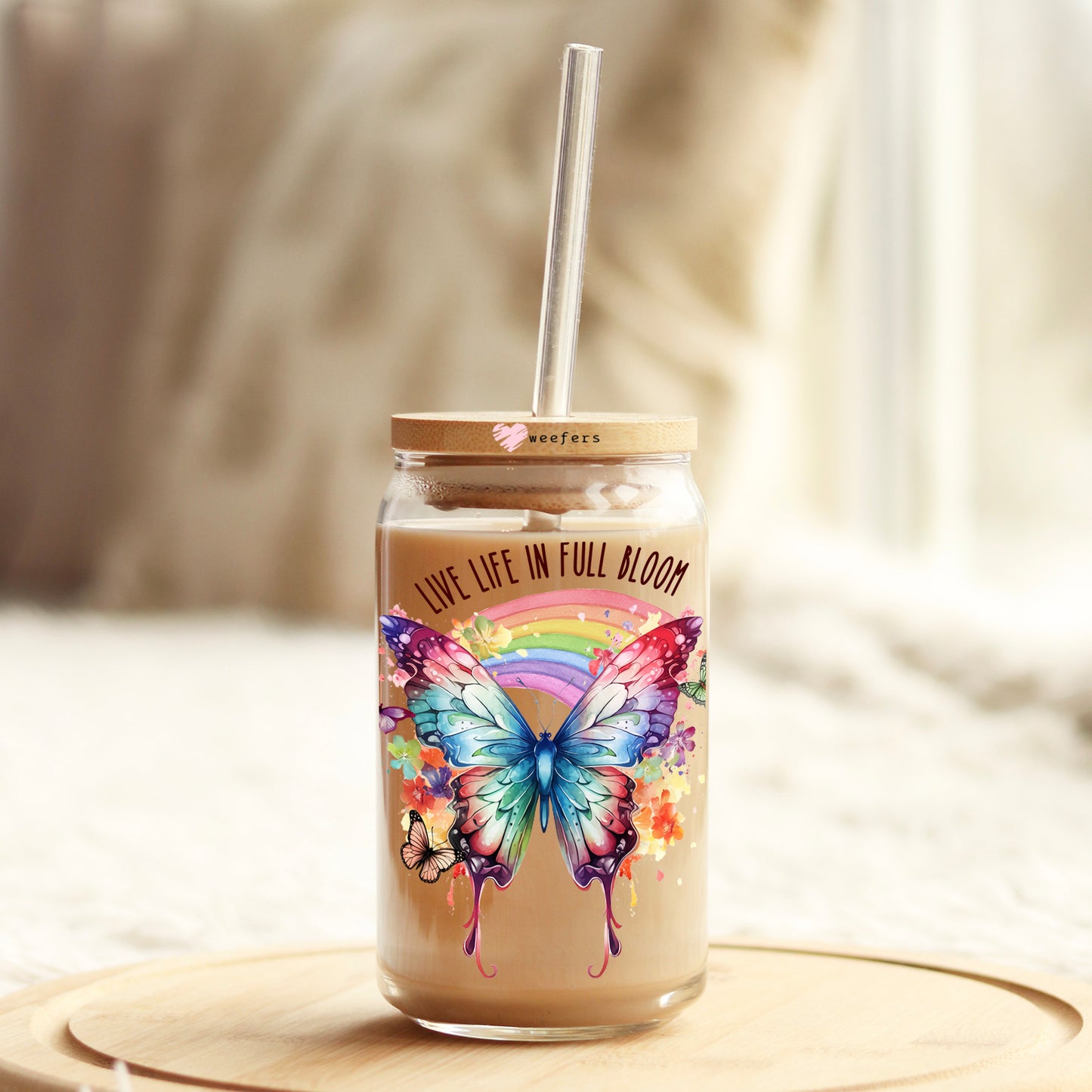 Live Life in Full Bloom 16oz Libbey Glass Can UV DTF or Sublimation Cup Wrap - Decal Transfer Weefers