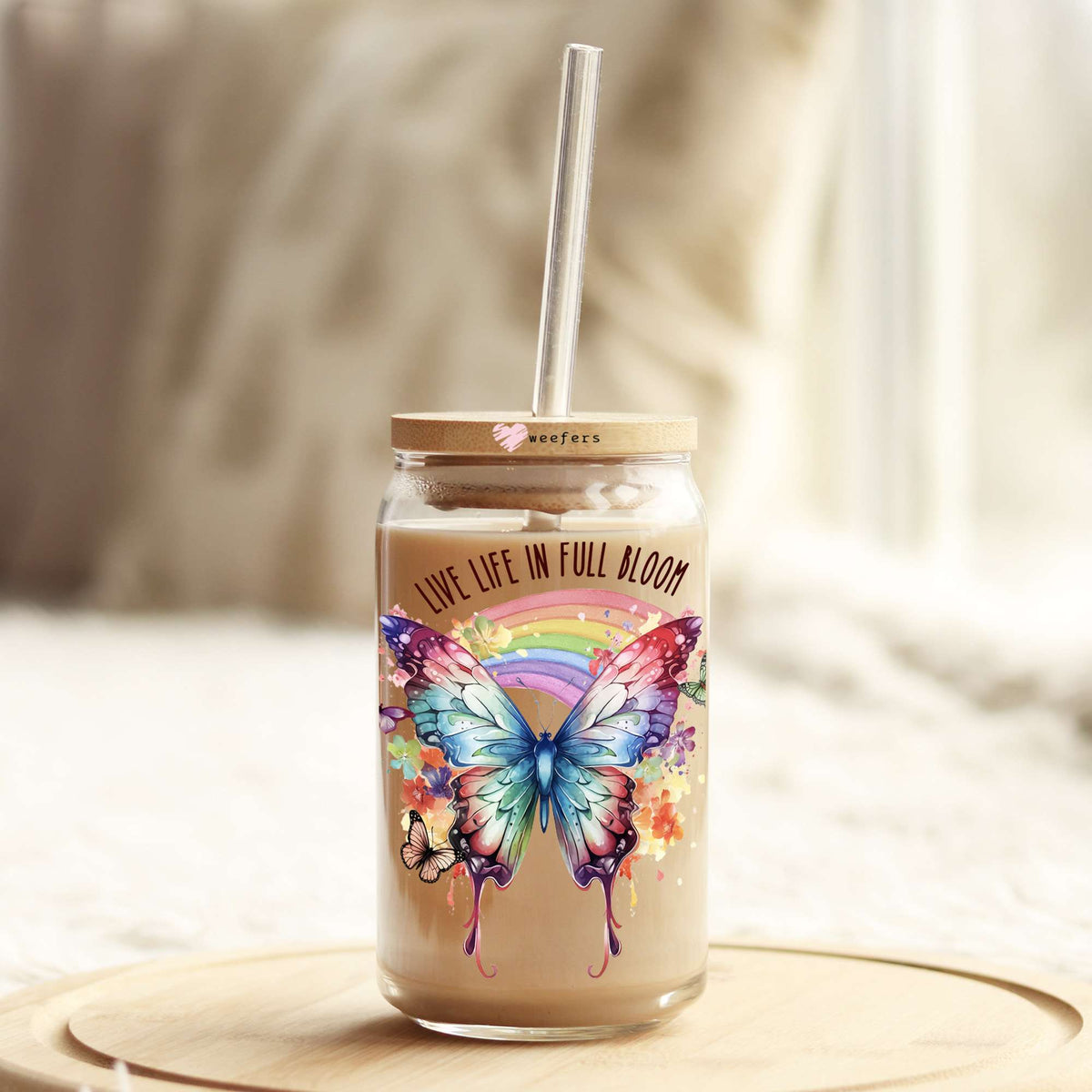 Live Life in Full Bloom 16oz Libbey Glass Can UV DTF or Sublimation Cup Wrap - Decal Transfer Weefers