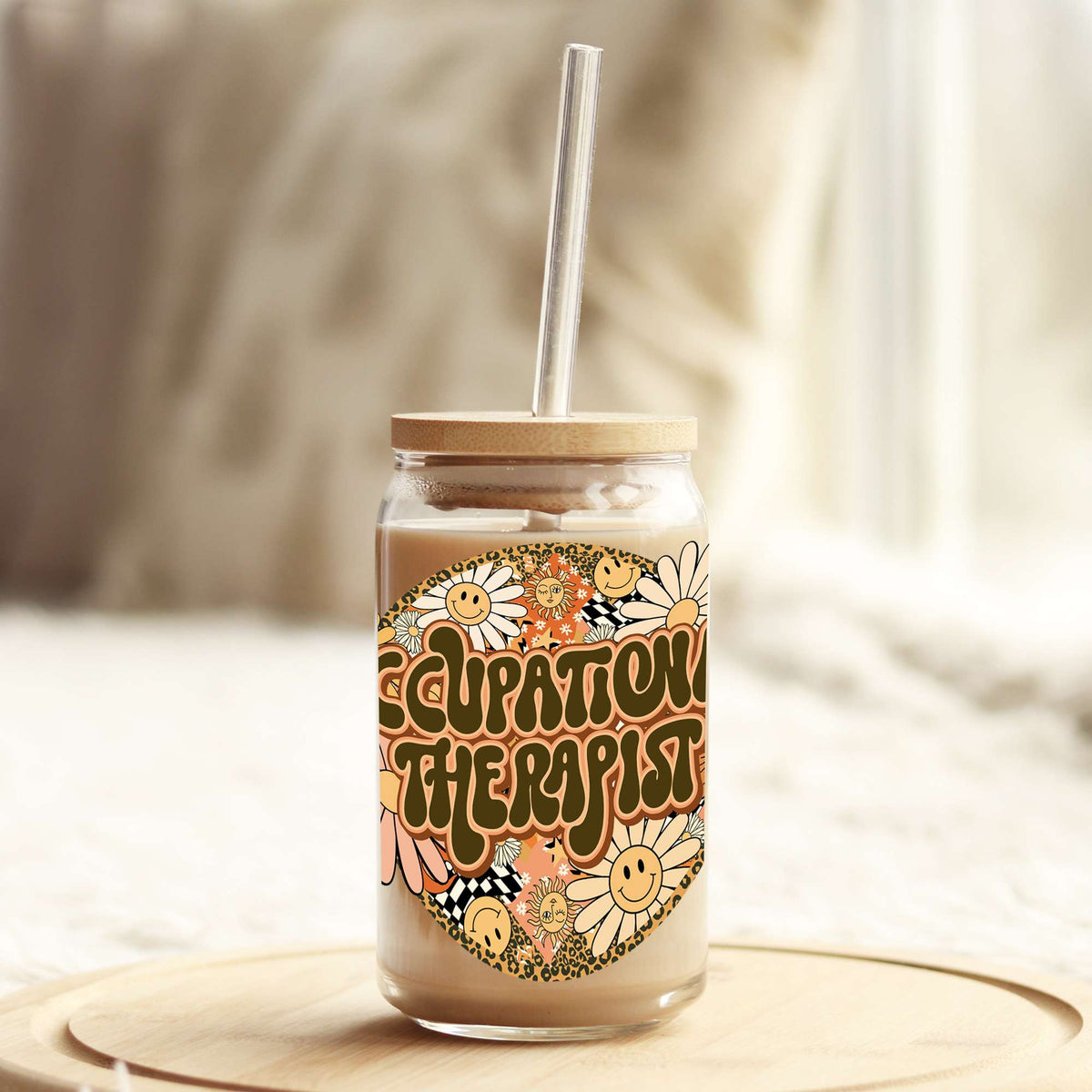 Retro Floral Occupational Therapist 16oz Libbey Glass Can UV DTF or Sublimation Wrap - Decal Weefers