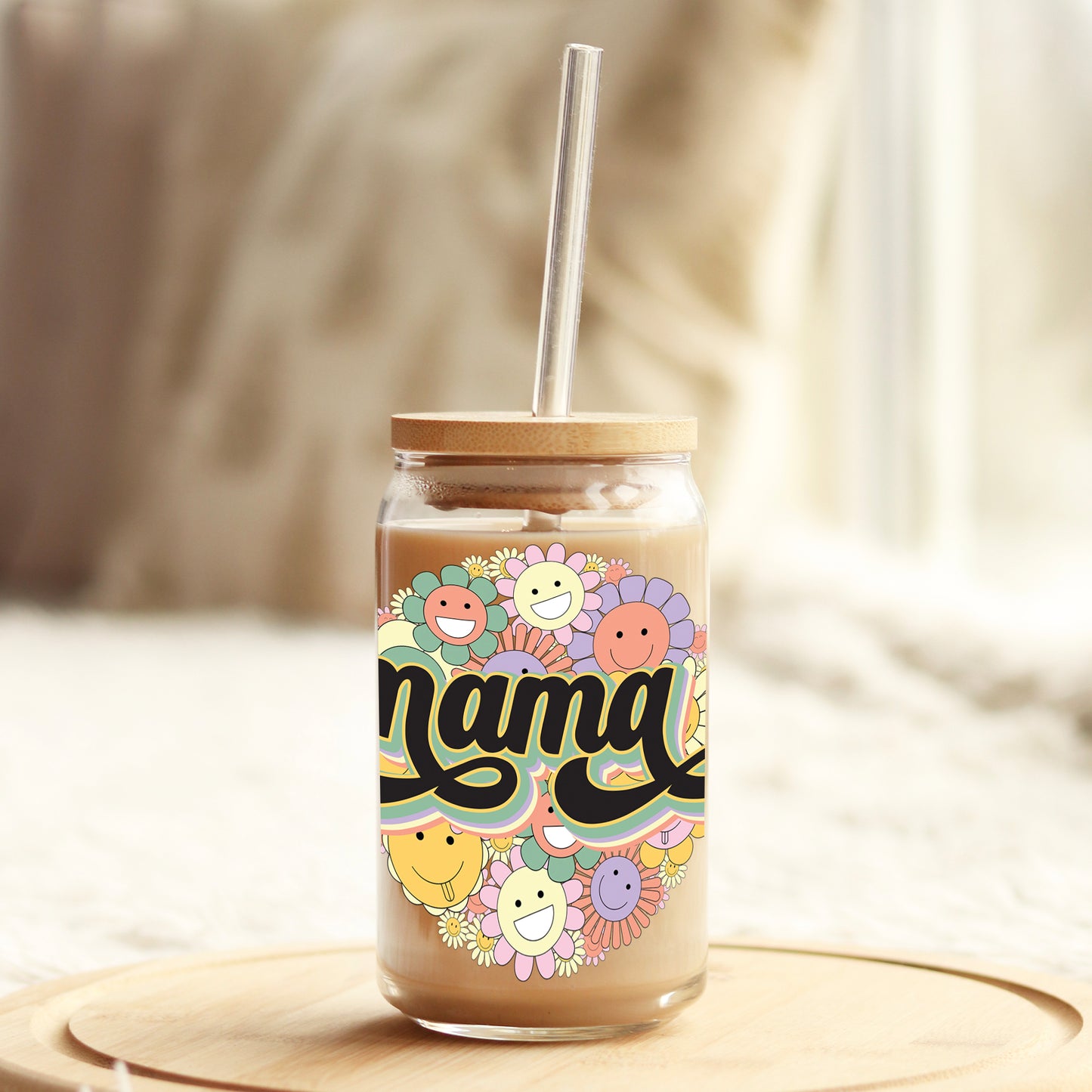 Mama Smile Face Flowers 16oz Libbey Glass Can UV DTF or Sublimation Cup Wrap - Decal Transfer Weefers