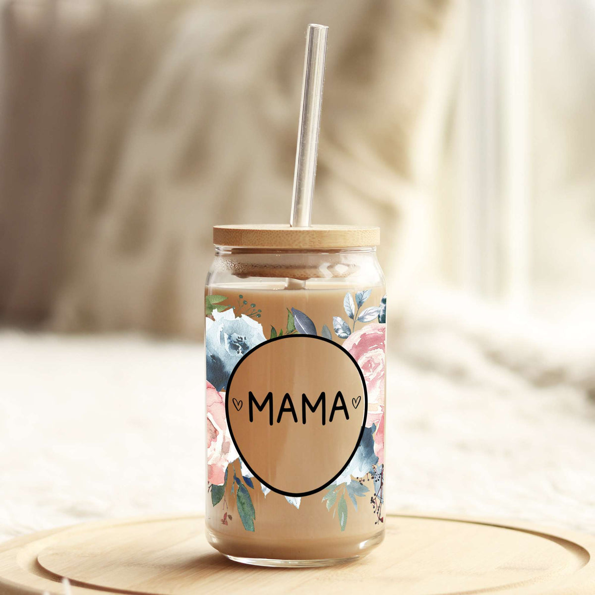 Mama Pinks and Blues Floral 16oz Libbey Glass Can UV DTF or Sublimation Wrap - Decal Weefers