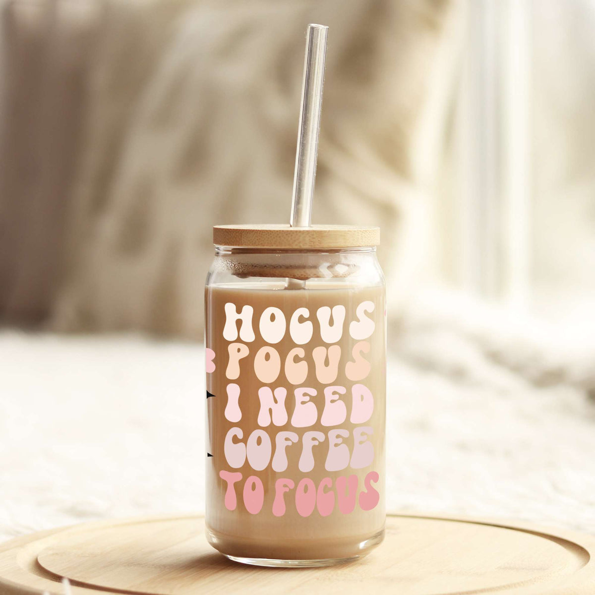 Hocus Pocus I need Coffee to Focus Pink Halloween 16oz Libbey Glass Can UV DTF or Sublimation Wrap - Decal Weefers
