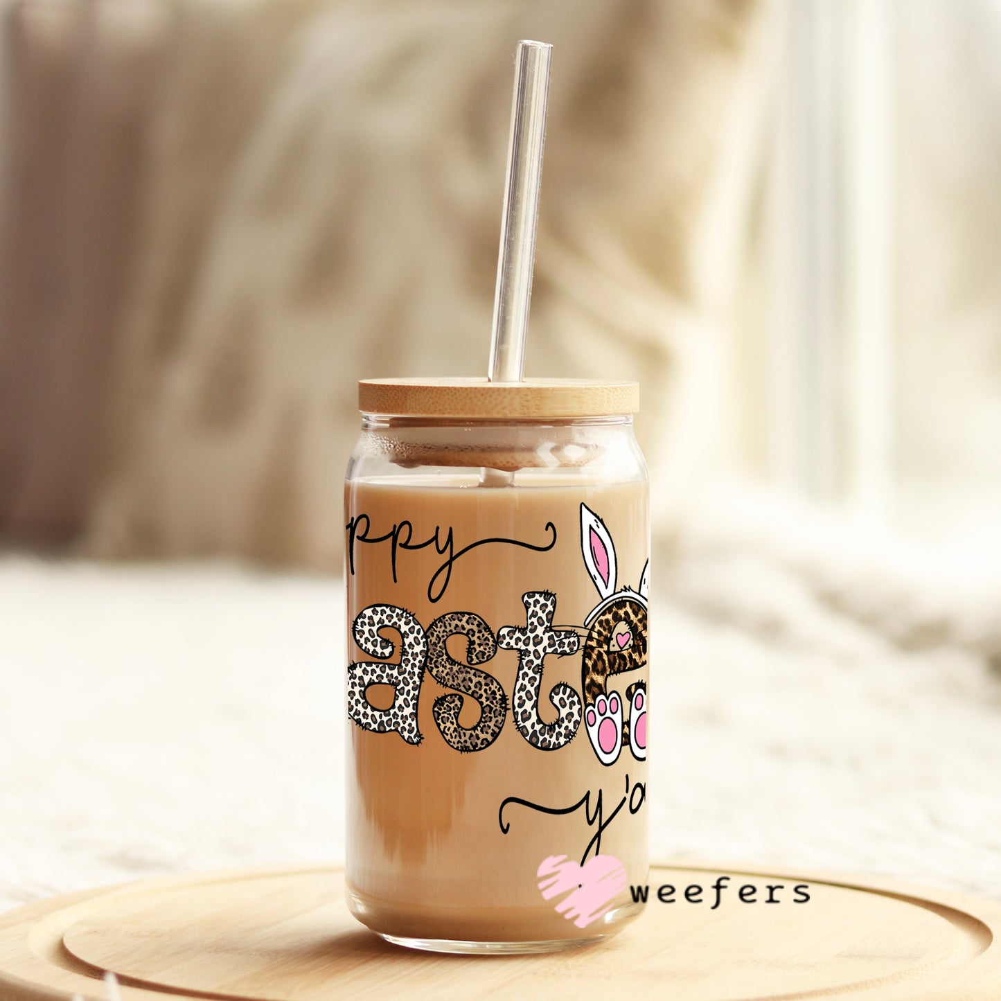 Happy Easter Leopard Bunny 16oz Libbey Glass Can UV DTF or Sublimation Wrap - Decal Weefers