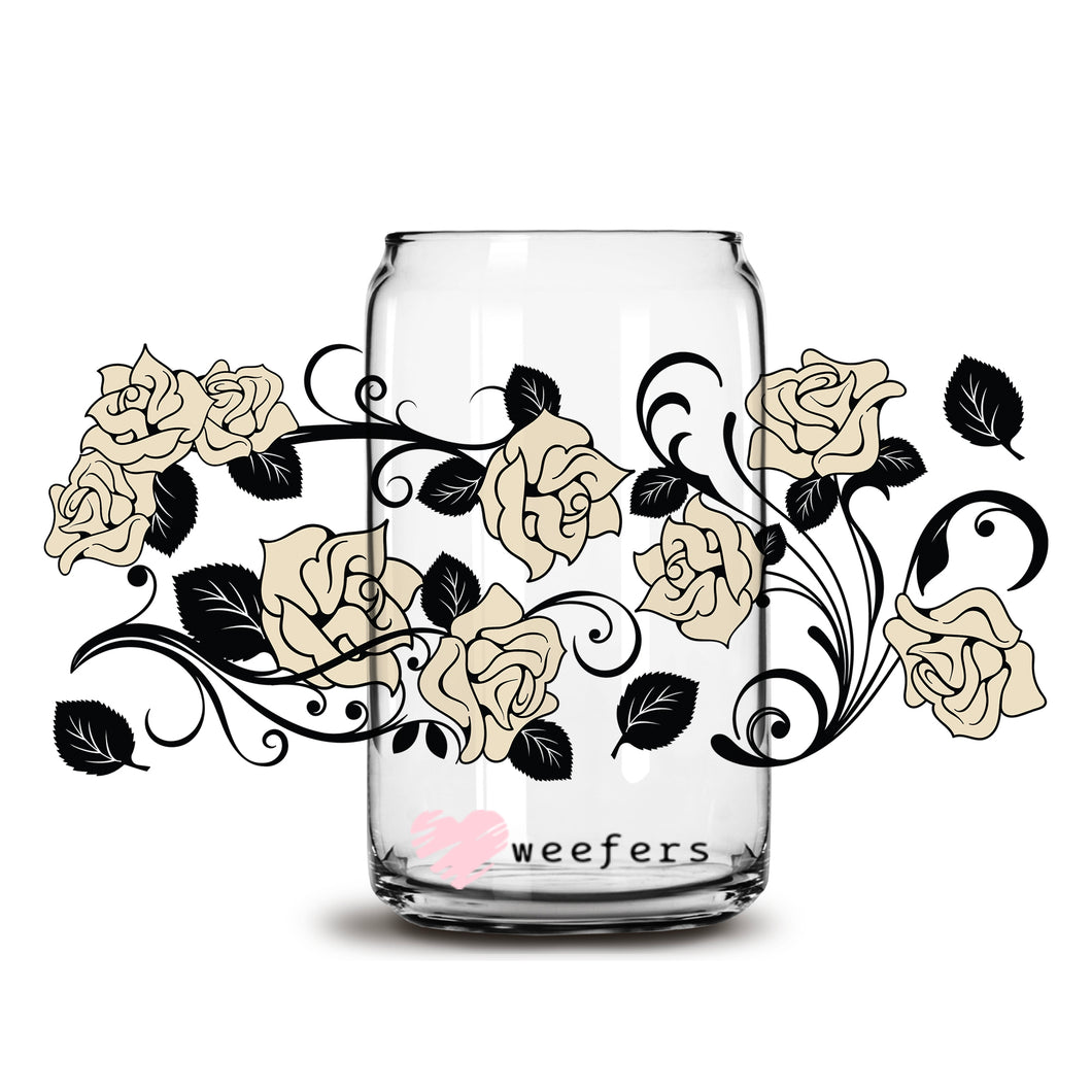 Black and Cream Roses 16oz Libbey Glass Can UV-DTF or Sublimation Wrap - Decal
