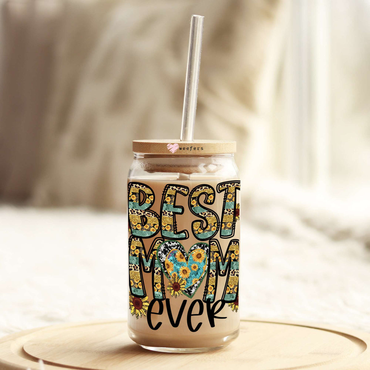 Best Mom Ever Sunflowers 16oz Libbey Glass Can UV DTF or Sublimation Cup Wrap - Decal Transfer Weefers