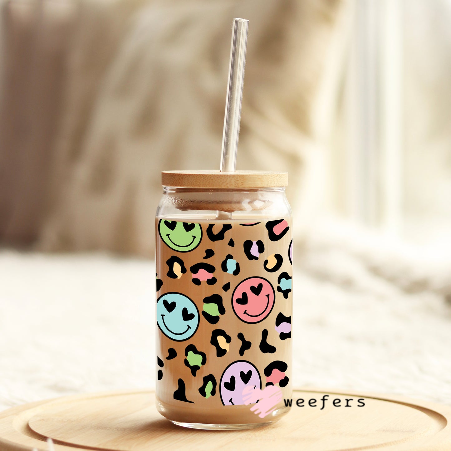 Retro Smile Leopard Print Libbey Glass Can Wrap UV DTF Sublimation Transfers Weefers