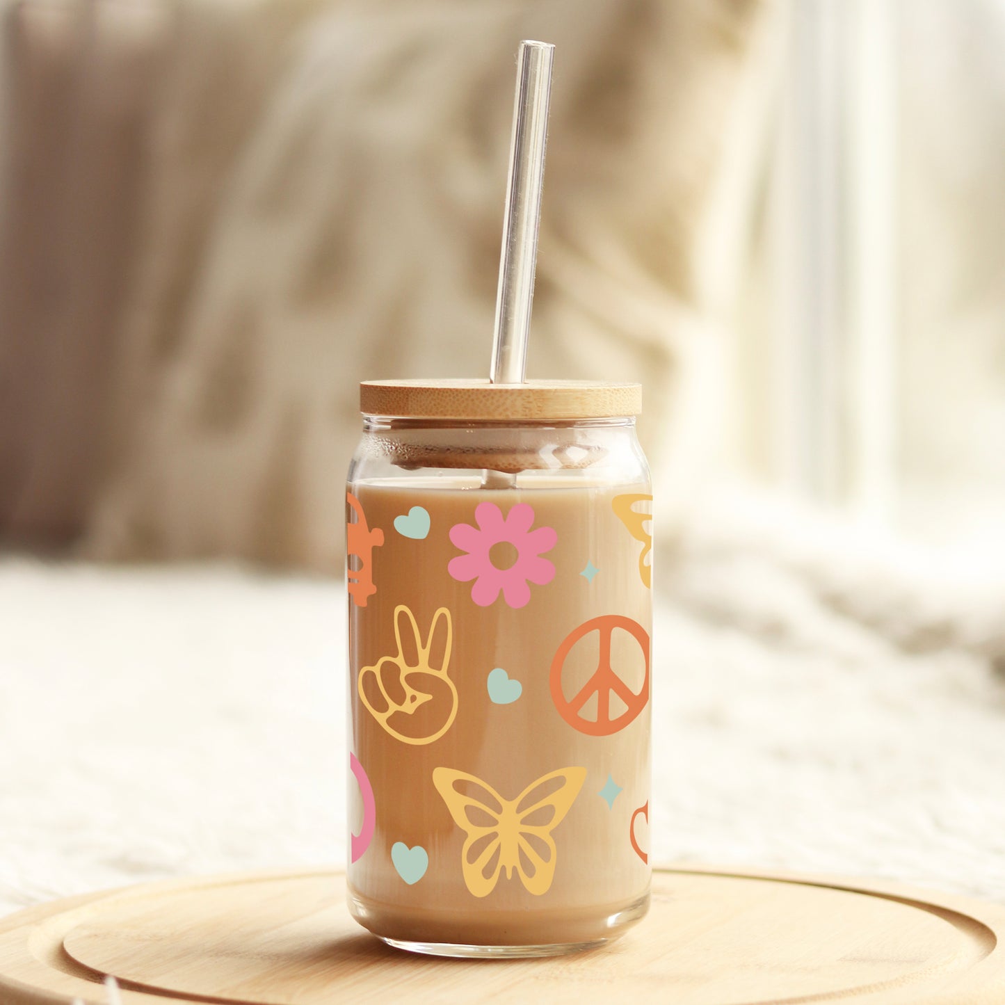 Groovy Peace Bus 16oz Libbey Glass Can UV DTF or Sublimation Cup Wrap - Decal Transfer Weefers