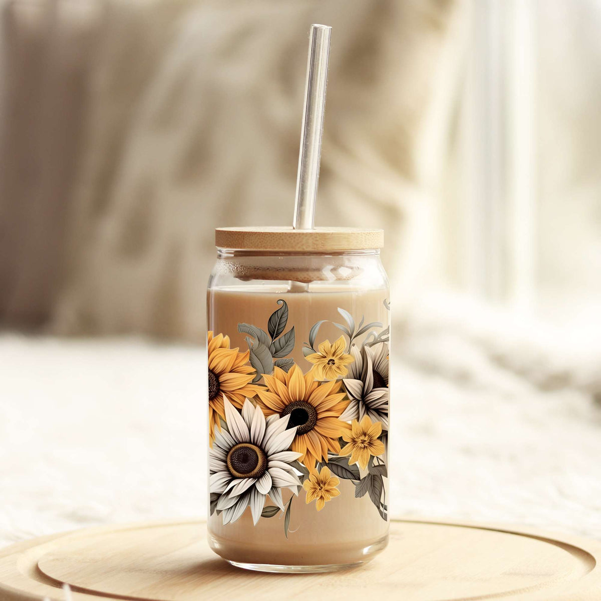 Retro Sunflowers 16oz Libbey Glass Can UV DTF or Sublimation Wrap - Decal Weefers
