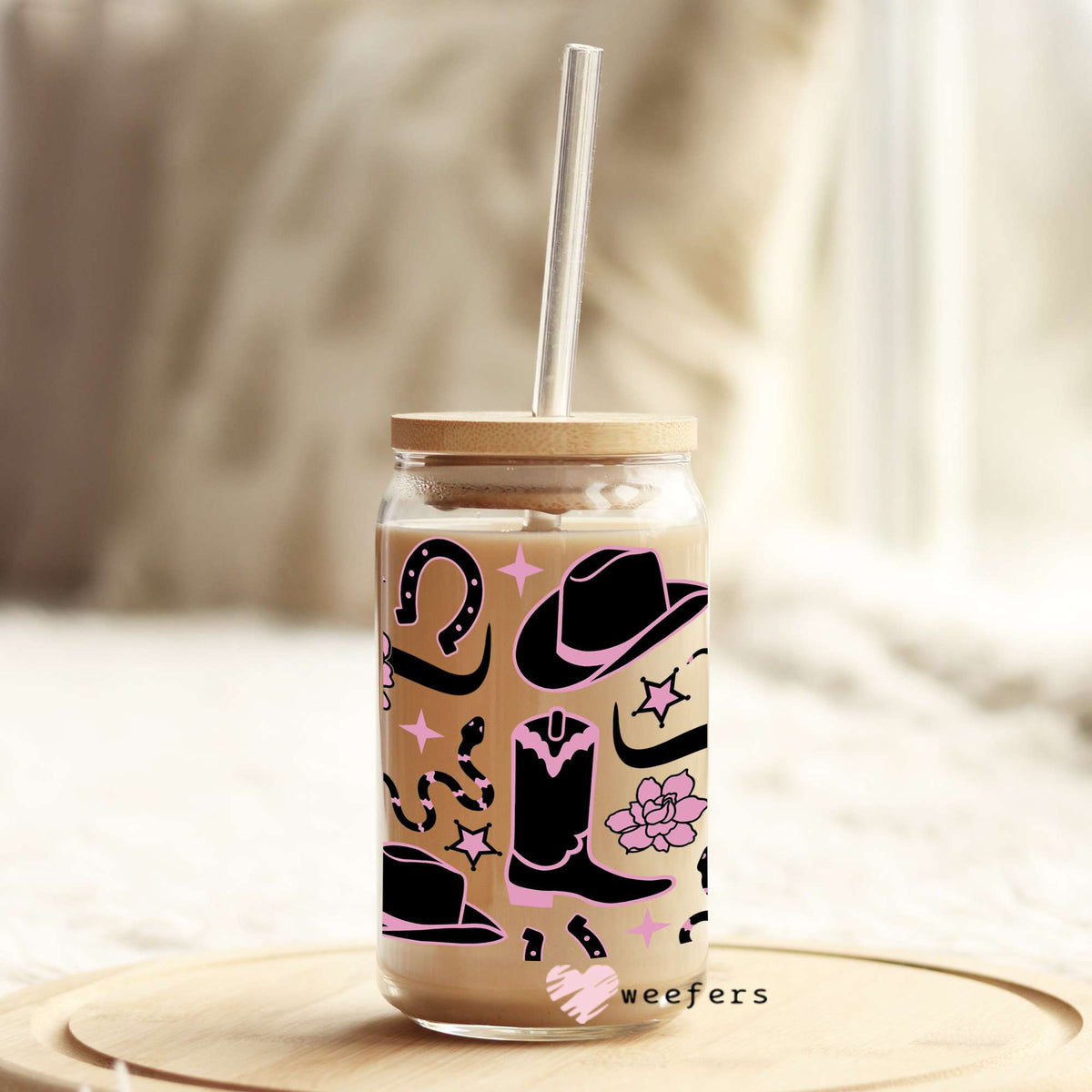 Cowgirl Boots and Hats Black and Pink 16oz Libbey Glass Can UV DTF or Sublimation Wrap - Decal Weefers