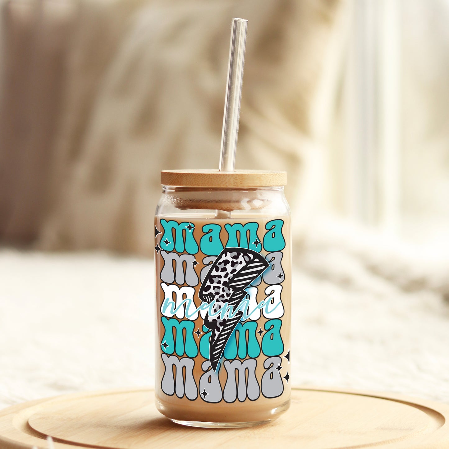 Mama Teal and Grey Lightening Bolt 16oz Libbey Glass Can UV DTF or Sublimation Cup Wrap - Decal Transfer Weefers