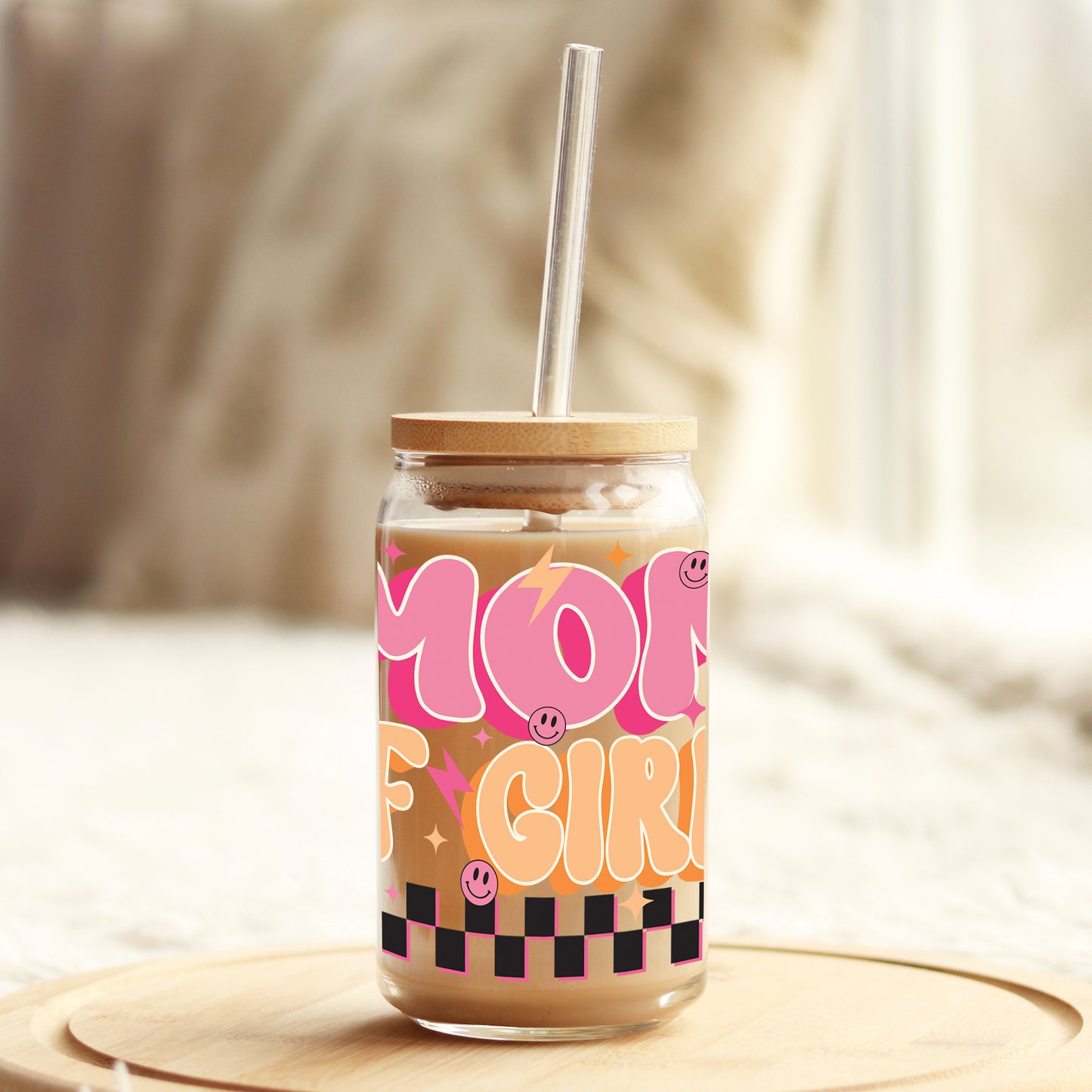 Mom of Girls Pink and Orange 16oz Libbey Glass Can UV DTF or Sublimation Cup Wrap - Decal Transfer Weefers