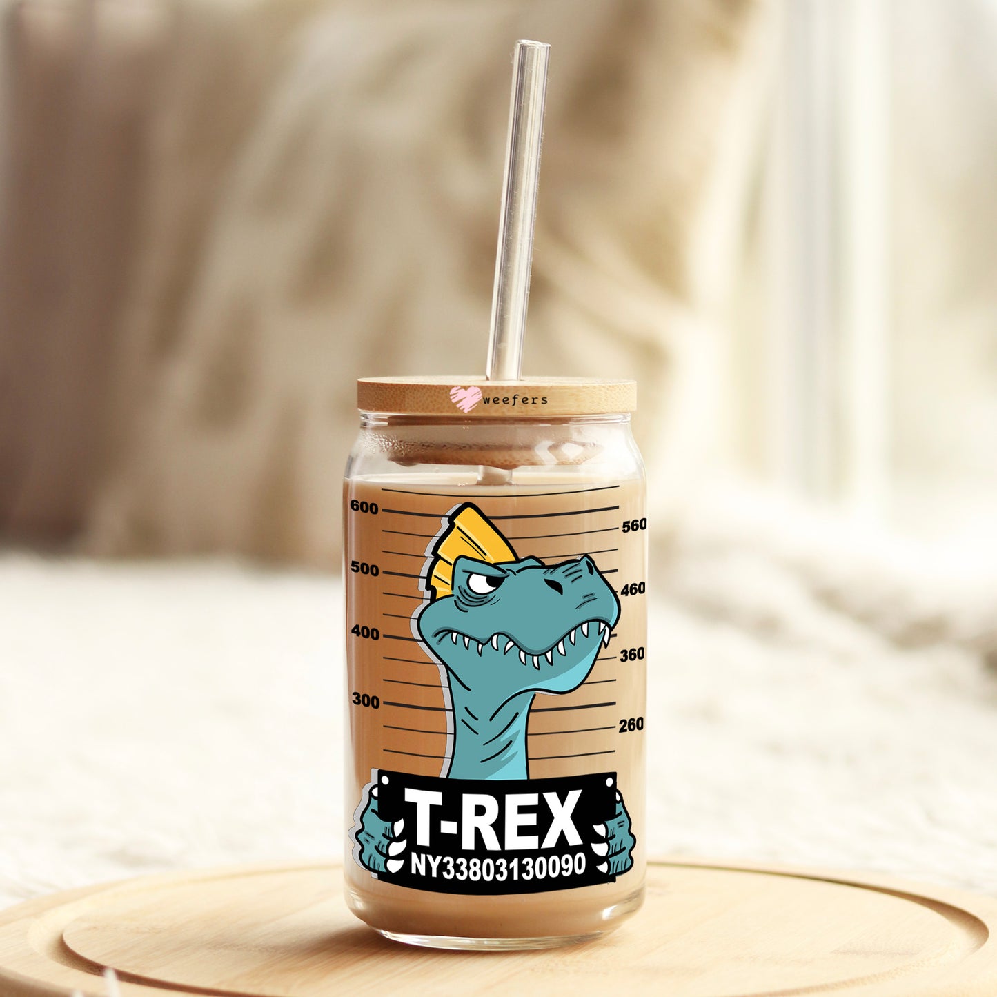 T-Rex Mug Shot 16oz Libbey Glass Can UV DTF or Sublimation Cup Wrap - Decal Weefers
