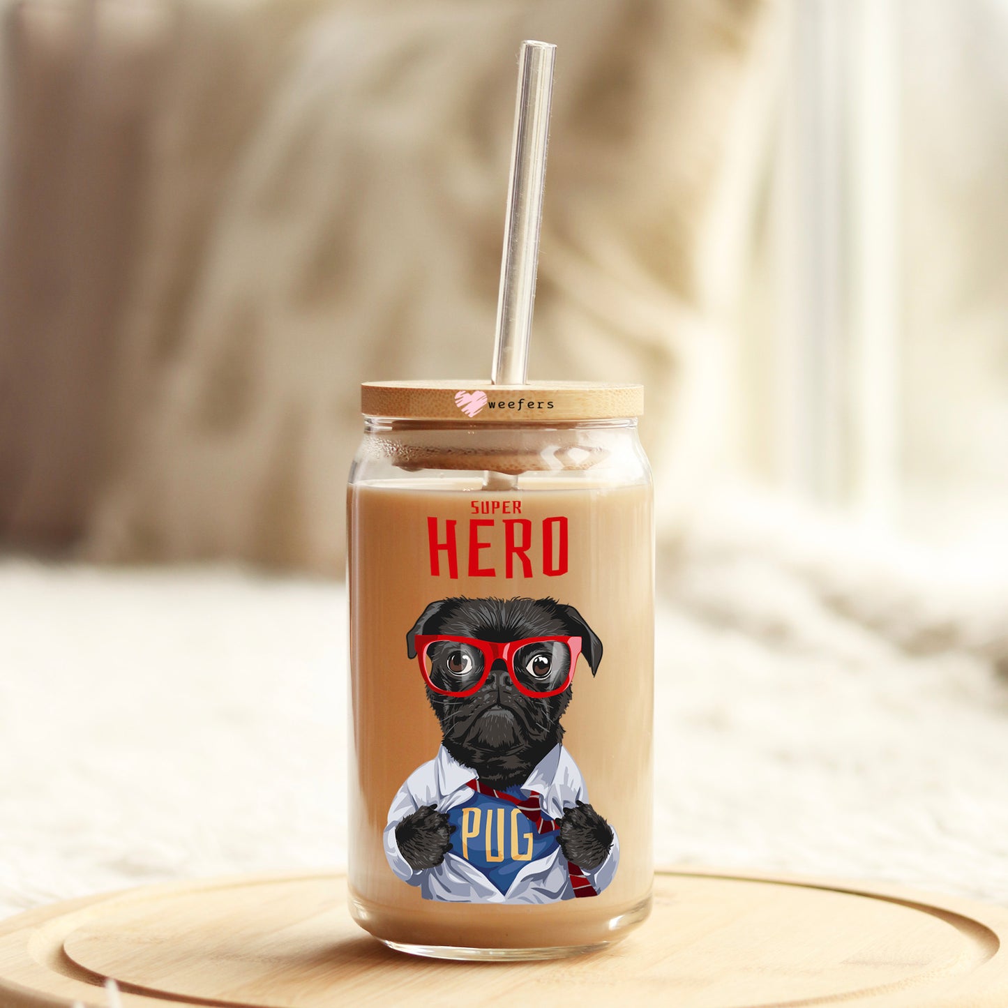 Pug Super Hero 16oz Libbey Glass Can UV DTF or Sublimation Cup Wrap - Decal Transfer Weefers