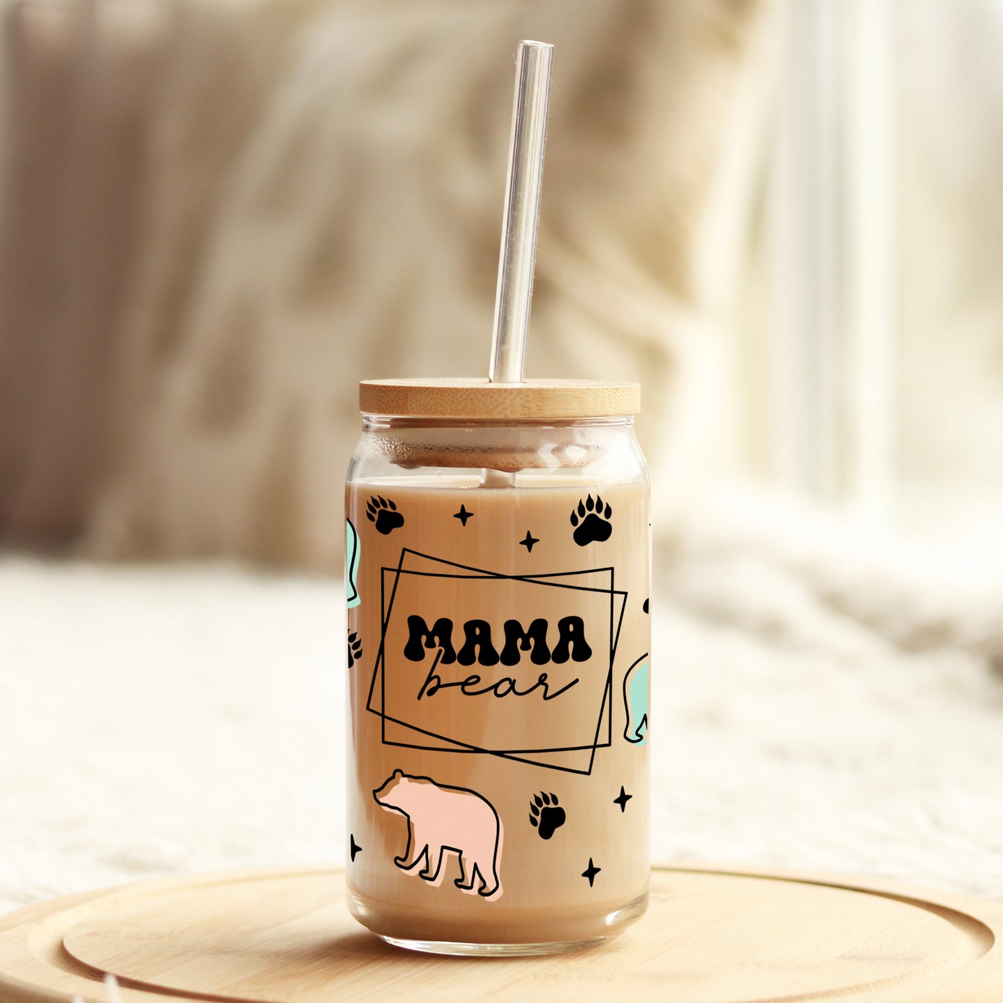 Mama Bear Teal and Pink 16oz Libbey Glass Can UV DTF or Sublimation Wrap - Decal Weefers