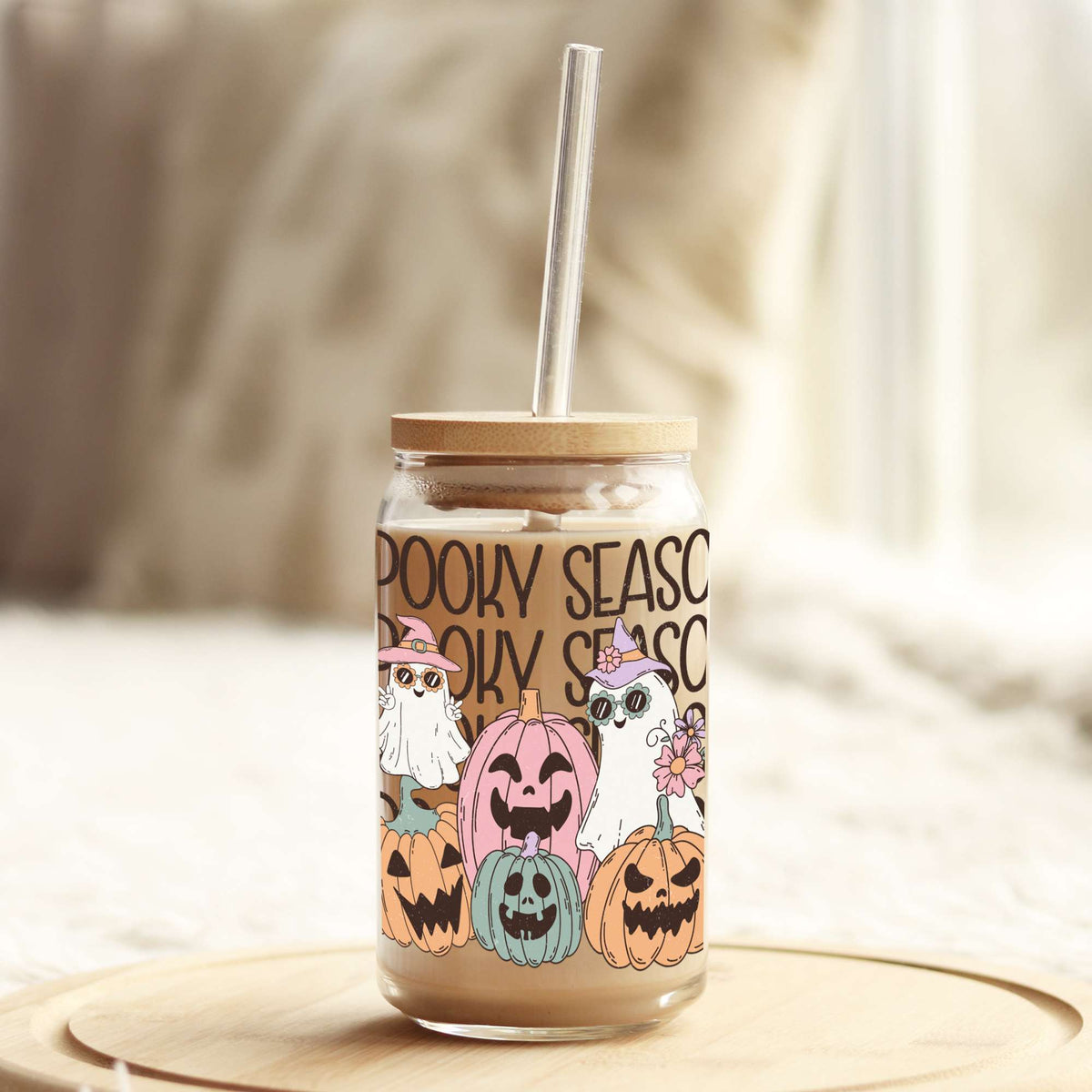 Pink Spooky Season Halloween Vibes 16oz Libbey Glass Can UV DTF or Sublimation Wrap - Decal Weefers