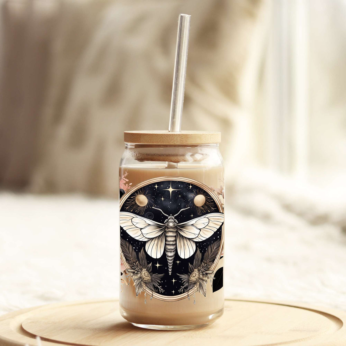 Moth Black and Pink Floral 16oz Libbey Glass Can UV DTF or Sublimation Wrap - Decal Weefers